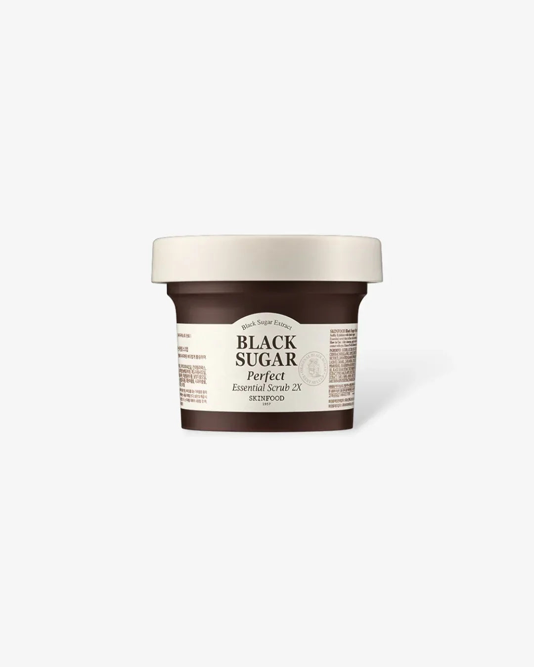 Skinfood Black Sugar Perfect Essential Scrub 2X in brown jar with white lid on white background