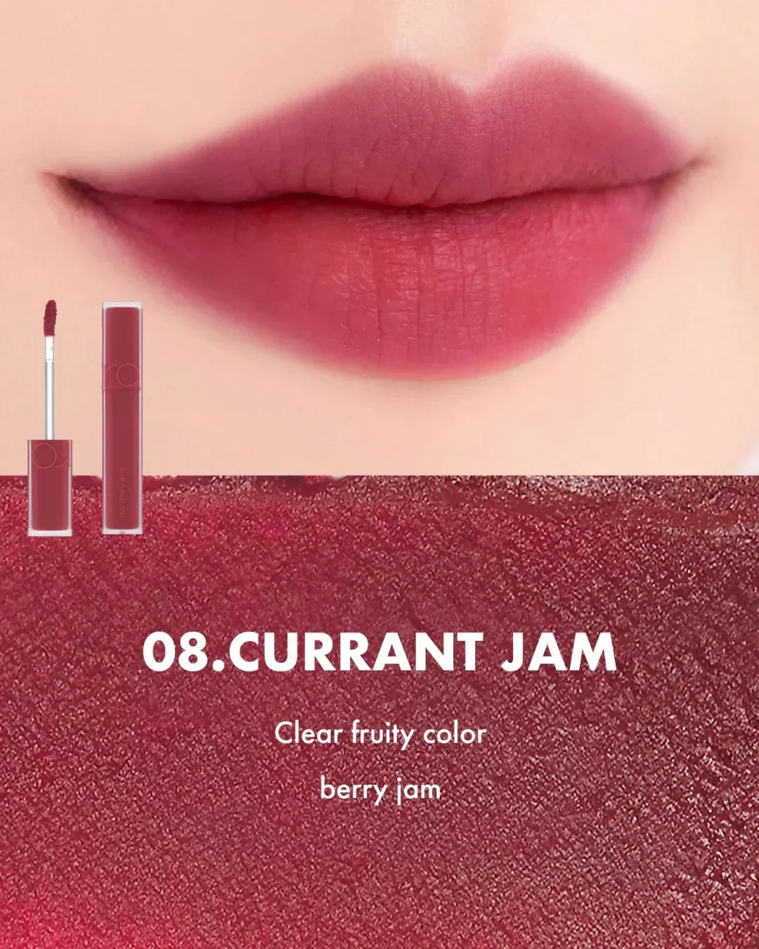 Close-up of lips wearing berry jam shade lipstick with matching applicator and tube