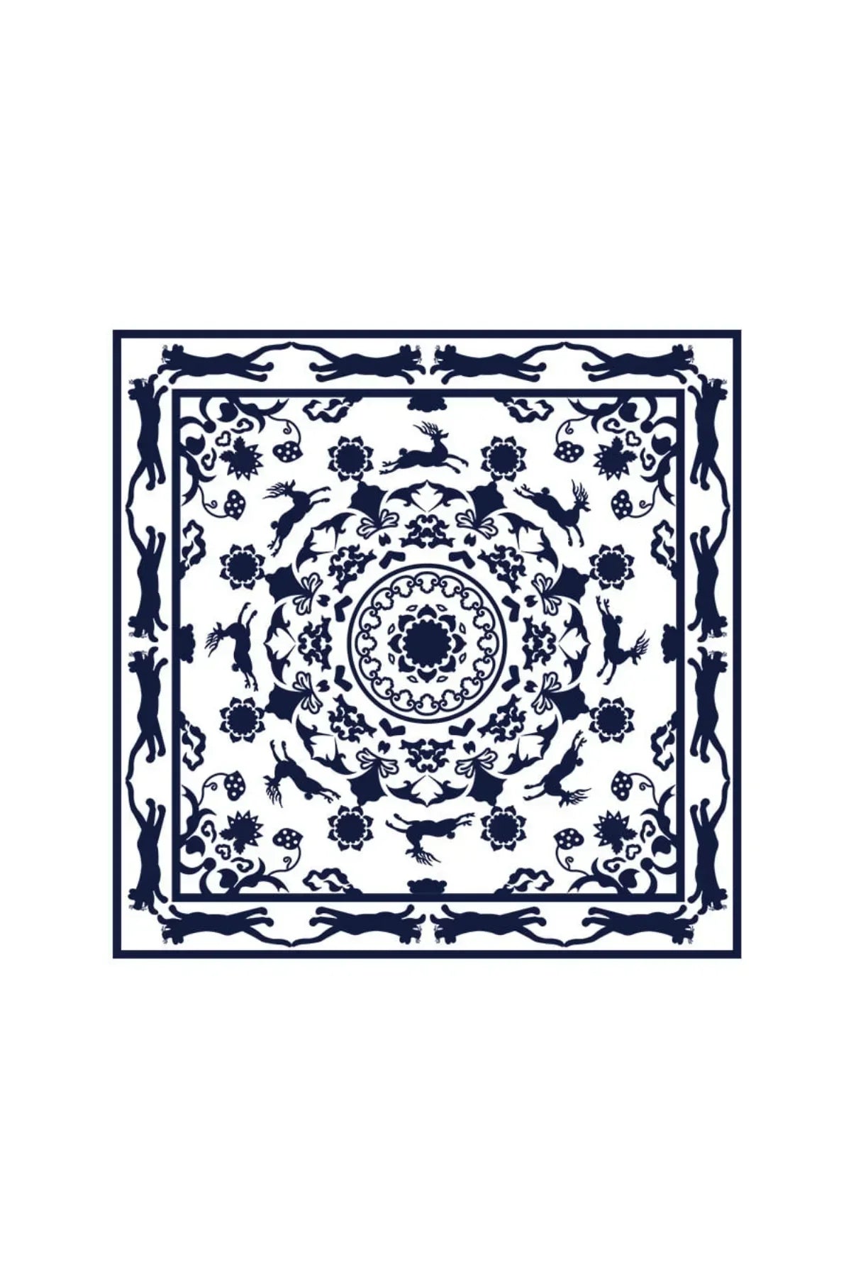 White fabric with intricate navy blue traditional Korean floral and animal pattern design