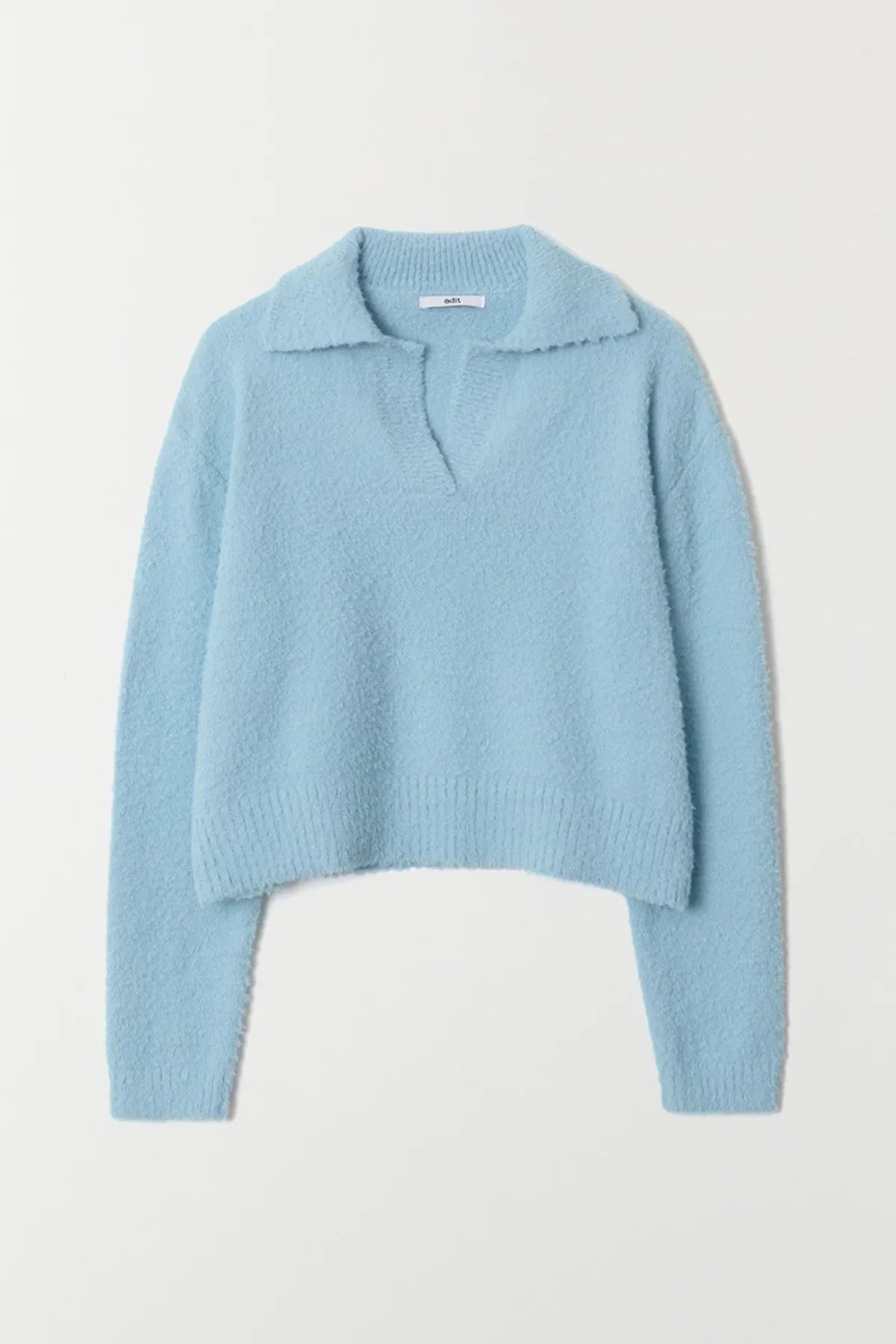 Sky blue soft knit sweater with collar and V-neck on white background