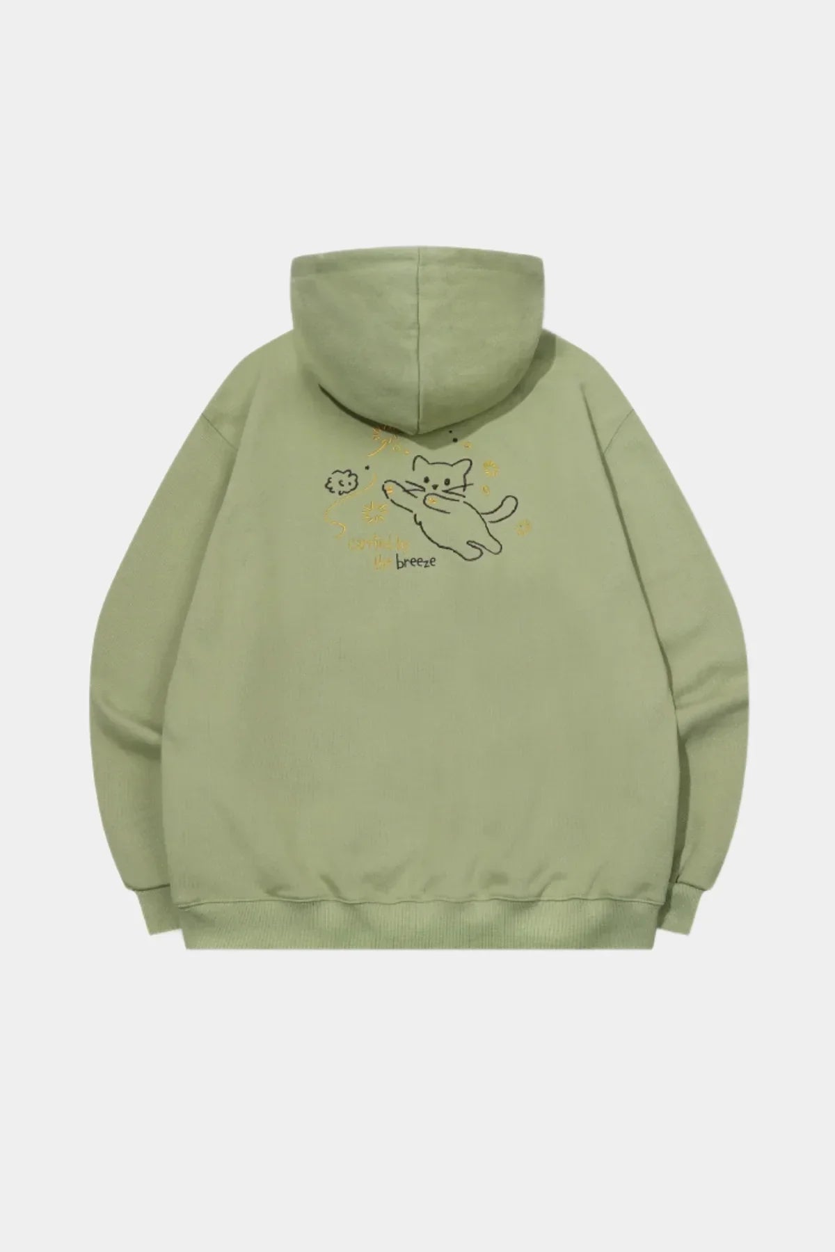 Khaki hoodie with embroidered cat and decorative text design on the back