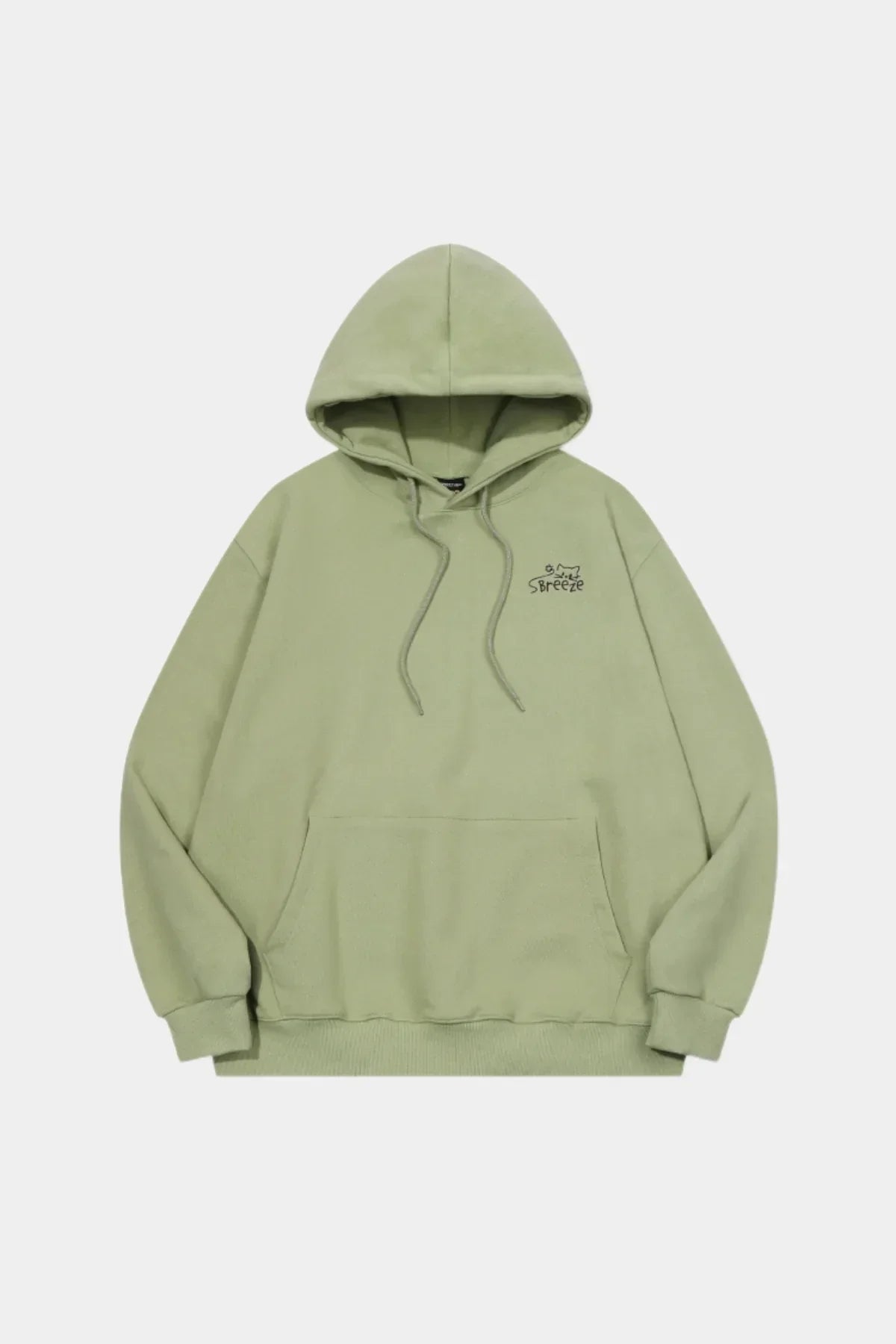 Khaki green hoodie with front pocket and black cat breeze embroidered logo on chest
