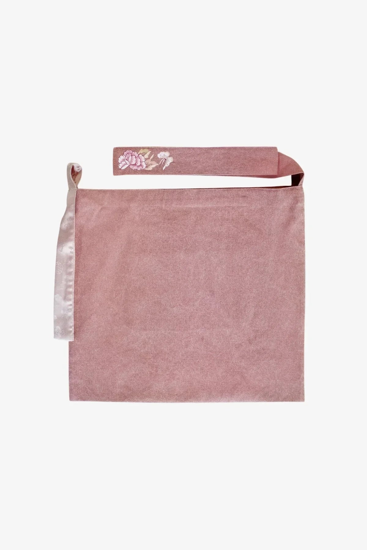 pink velvet daily bag with embroidered floral strap and satin loop detail
