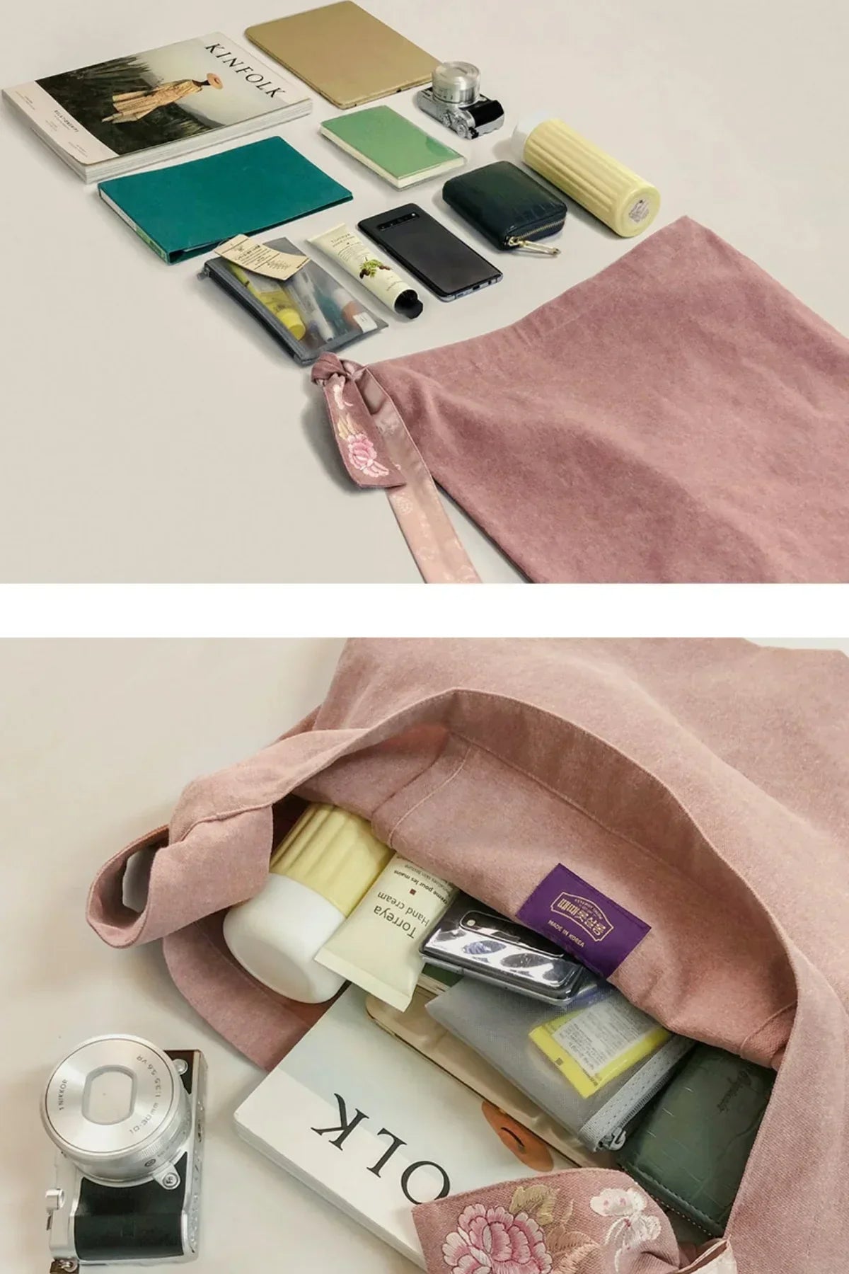 pink fabric daily bag with butterfly strap detail, camera, phone, wallet, notebooks, and hand cream