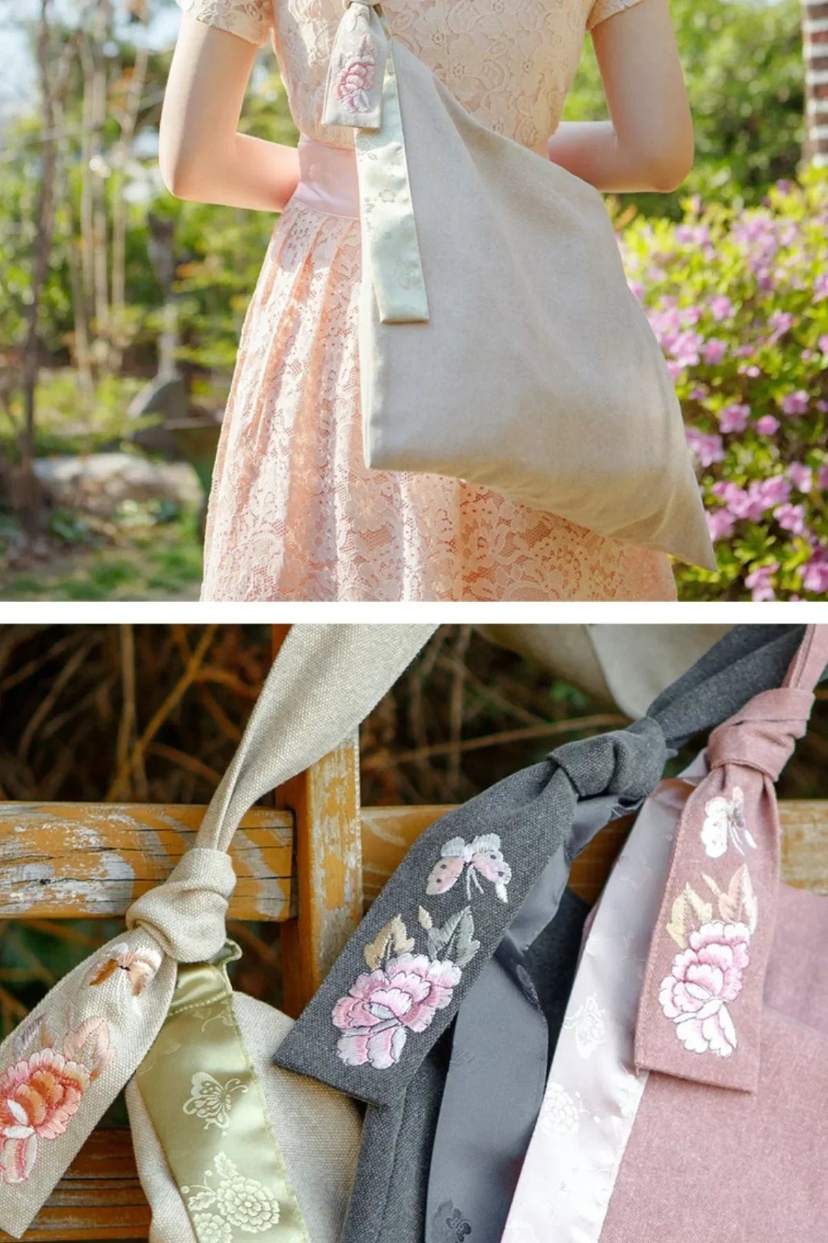 Beige linen daily bag with embroidered floral and butterfly tie worn with pink lace dress, outdoor setting