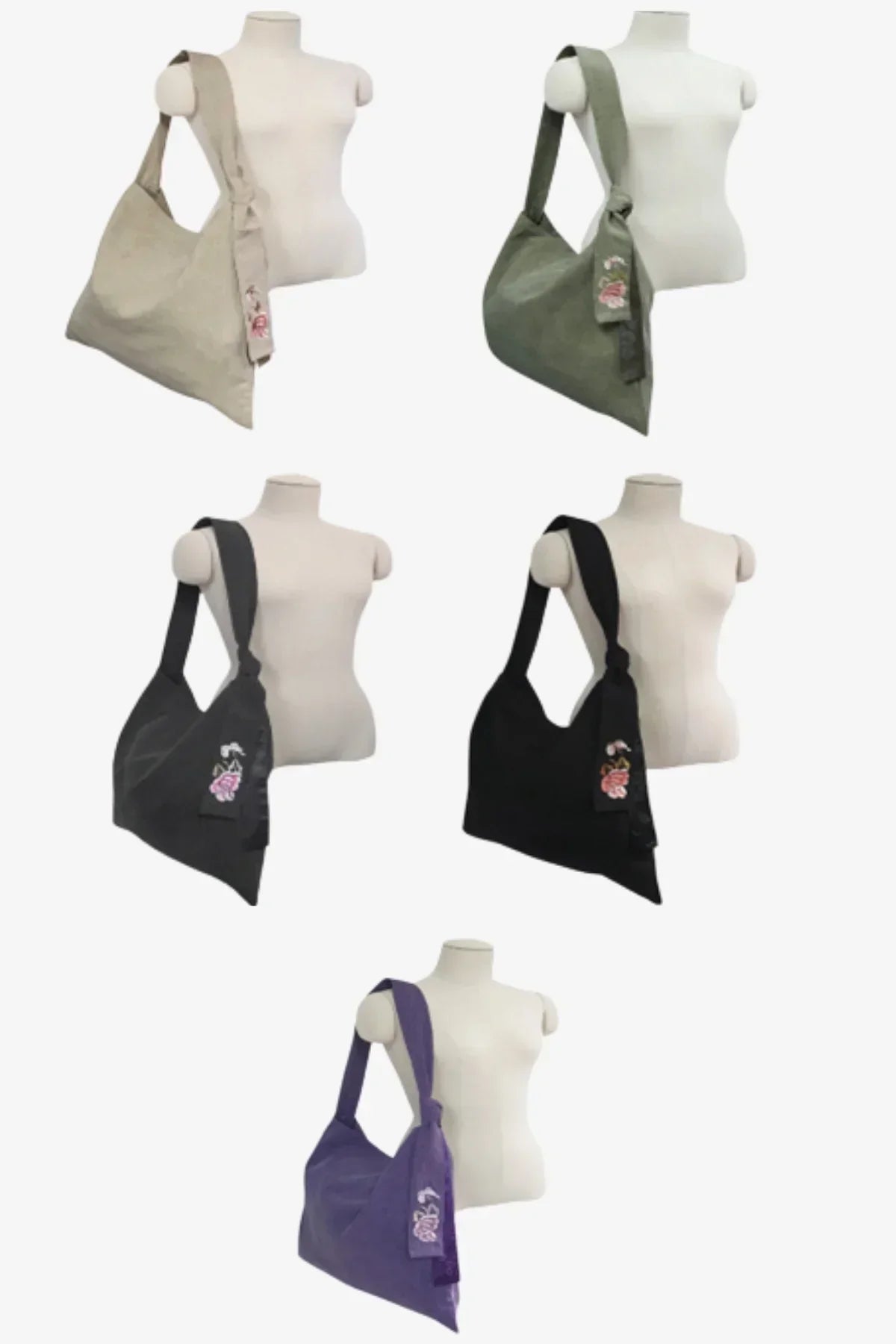 Five Butterfly Daily Bags in beige, green, dark gray, black, and purple displayed on white mannequins