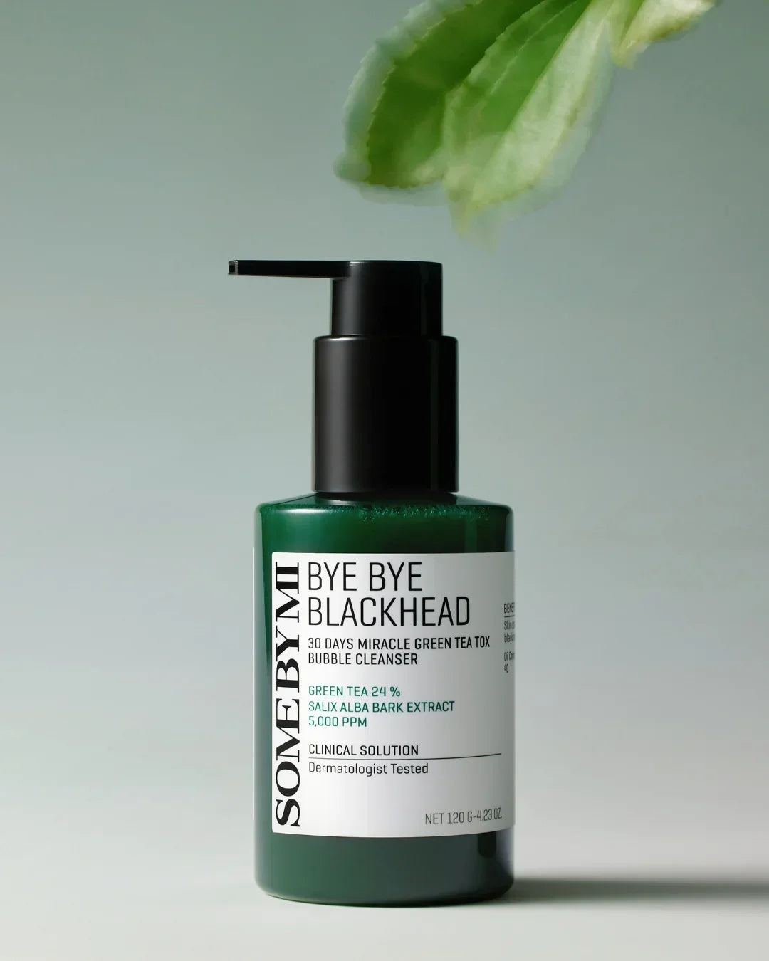 Some By Mi Bye Bye Blackhead green tea bubble cleanser bottle with black pump on light background