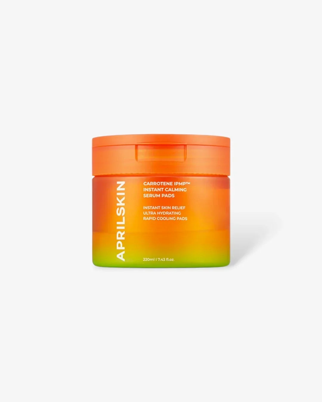 Aprilskin Carrotene IPMP Instant Calming Serum Pads in orange-green container, 220ml