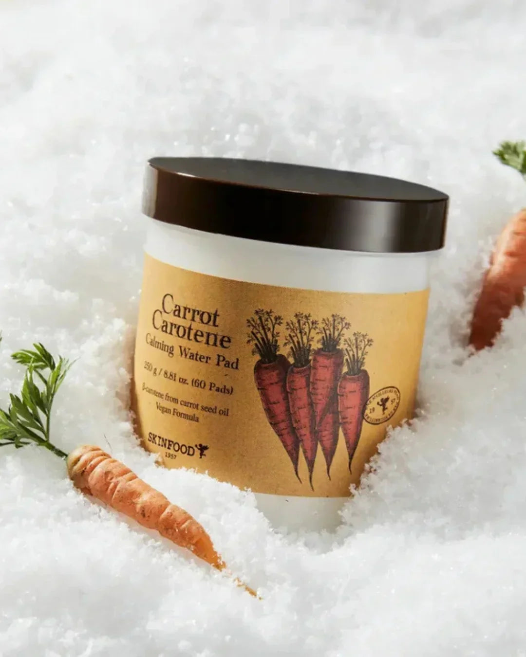 Skinfood Carrot Carotene Calming Water Pad container with carrots on snow background