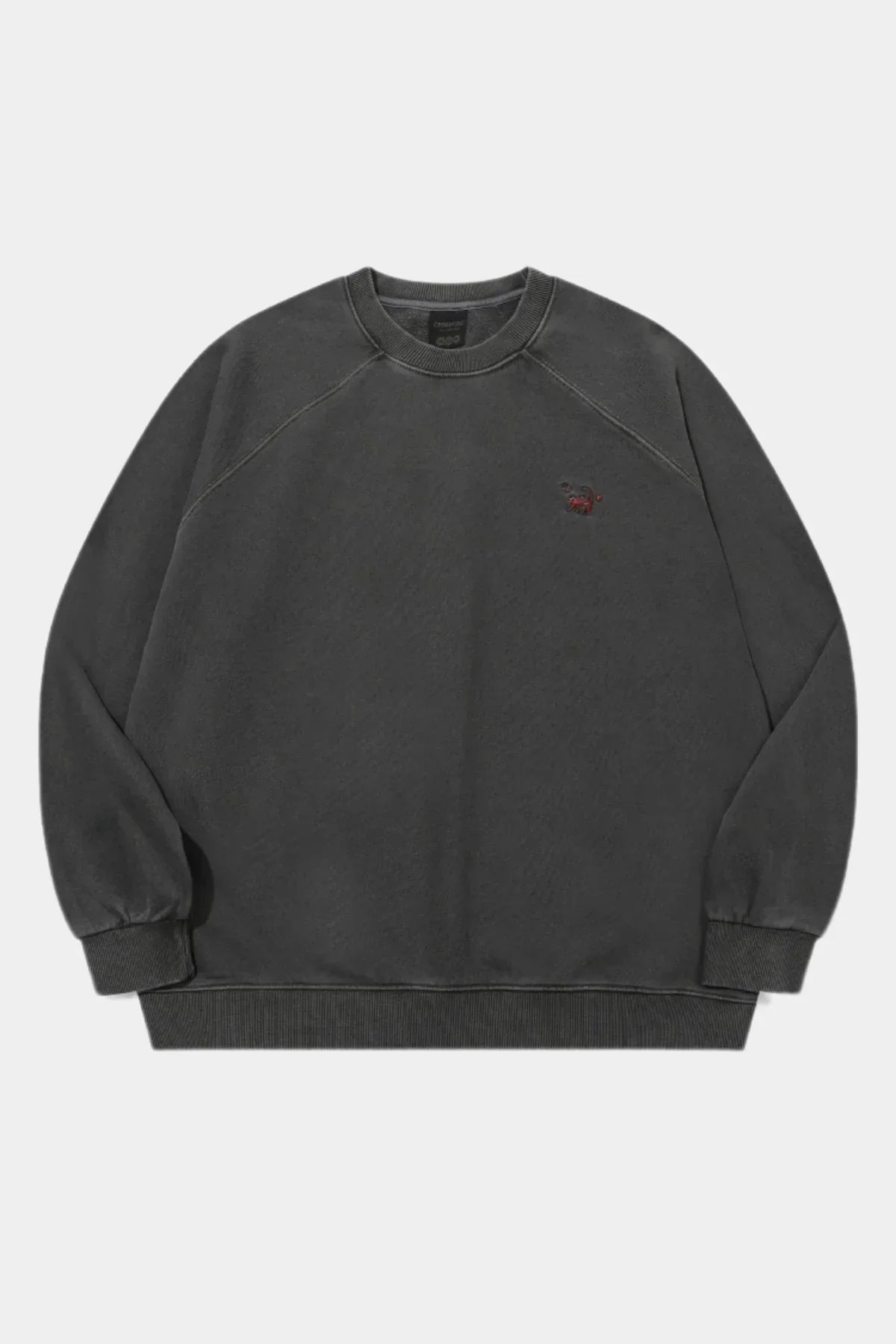 Smoke black raglan sweatshirt with small red cat stitch embroidery on chest