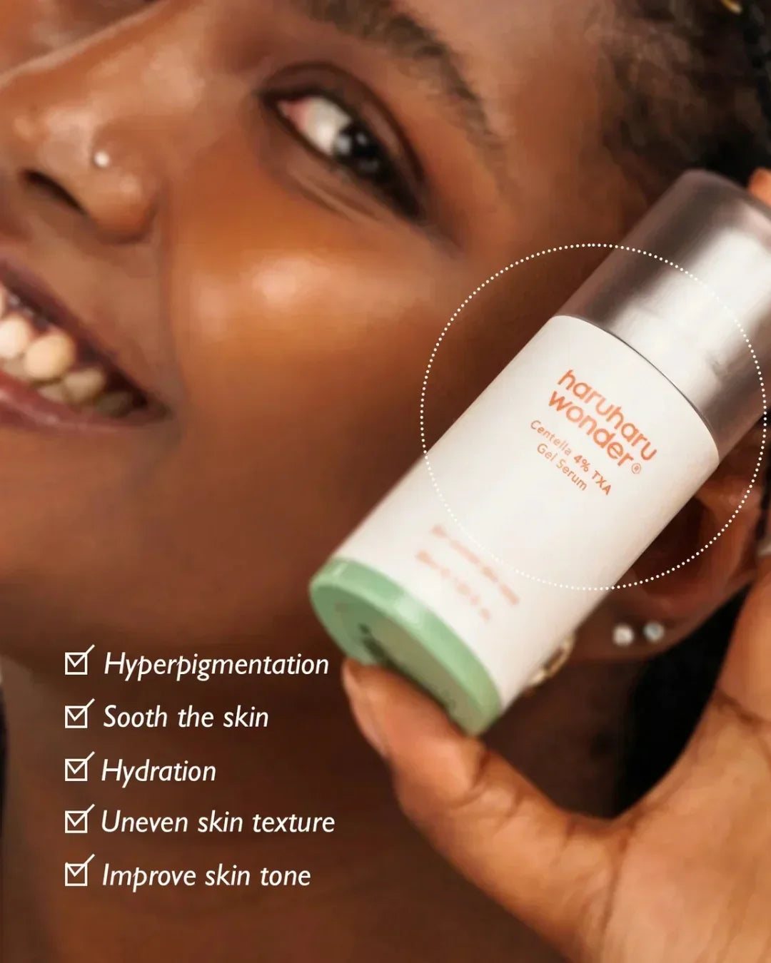 Smiling person holding Haruharu Wonder Centella 4% TXA Gel Serum with skincare benefits listed