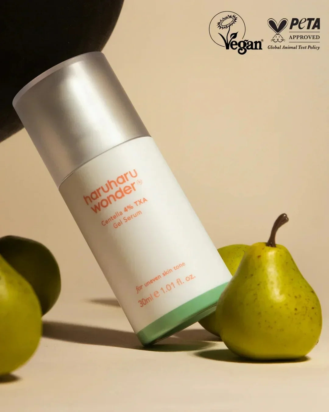Haruharu Wonder Centella 4% TXA Gel Serum bottle with pears, vegan and PETA approved logos