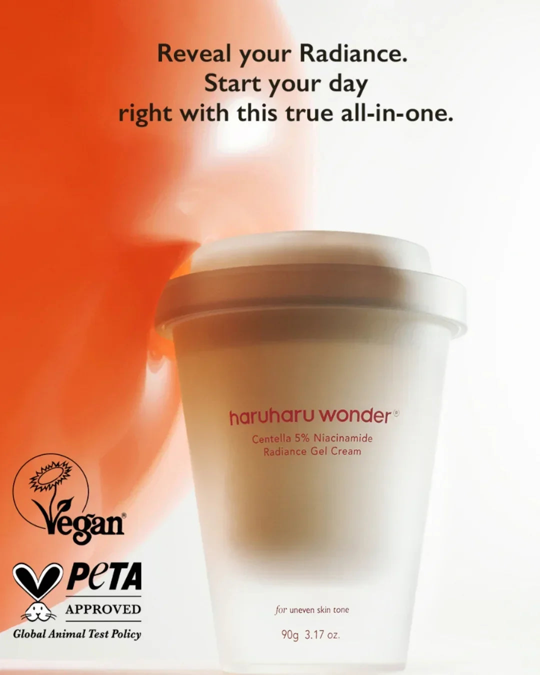 Haruharu Wonder Centella 5% Niacinamide Radiance Gel Cream in white container with vegan and PETA logos