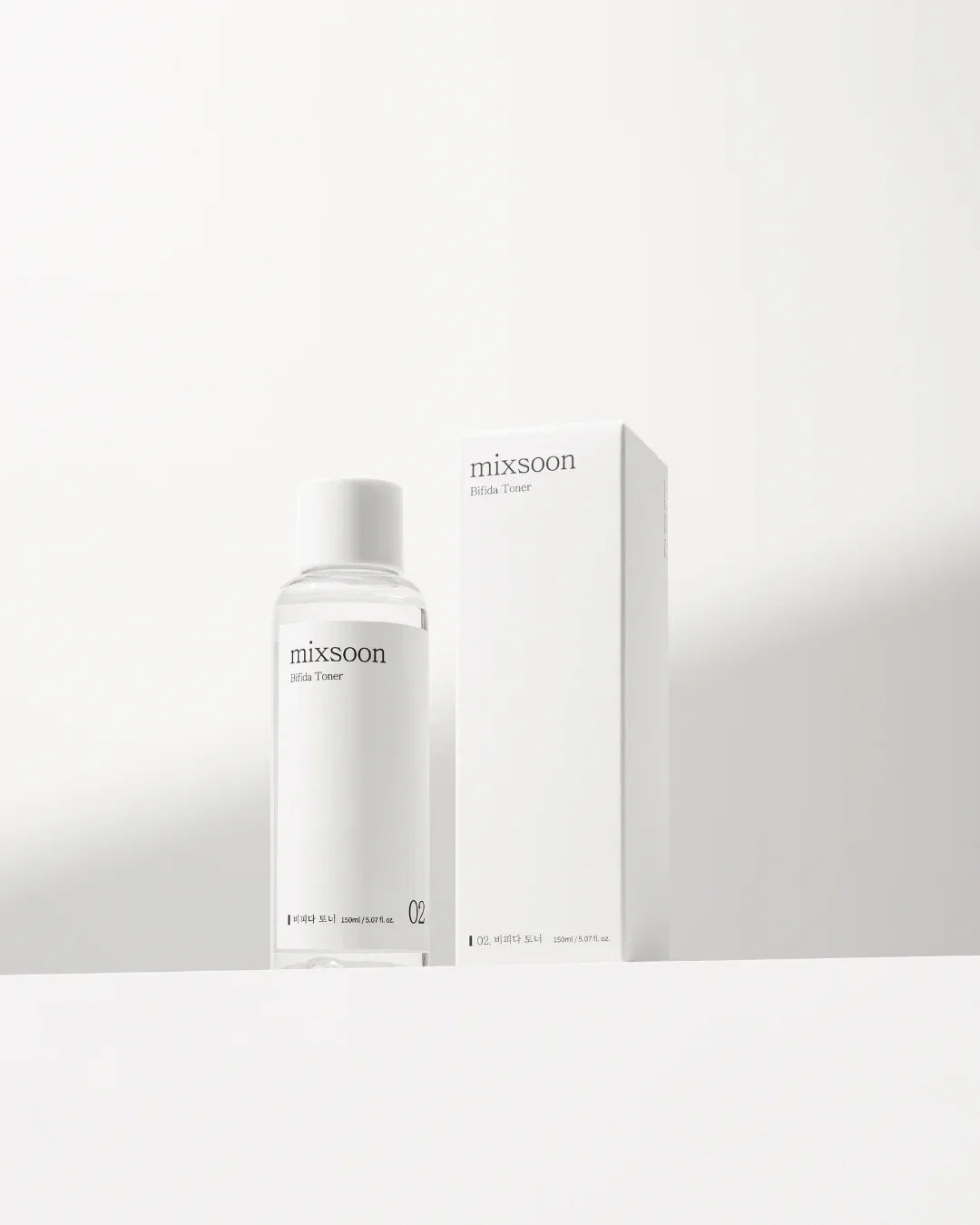 Mixsoon Bifida Toner 150ml clear bottle with white label and matching white box on white surface