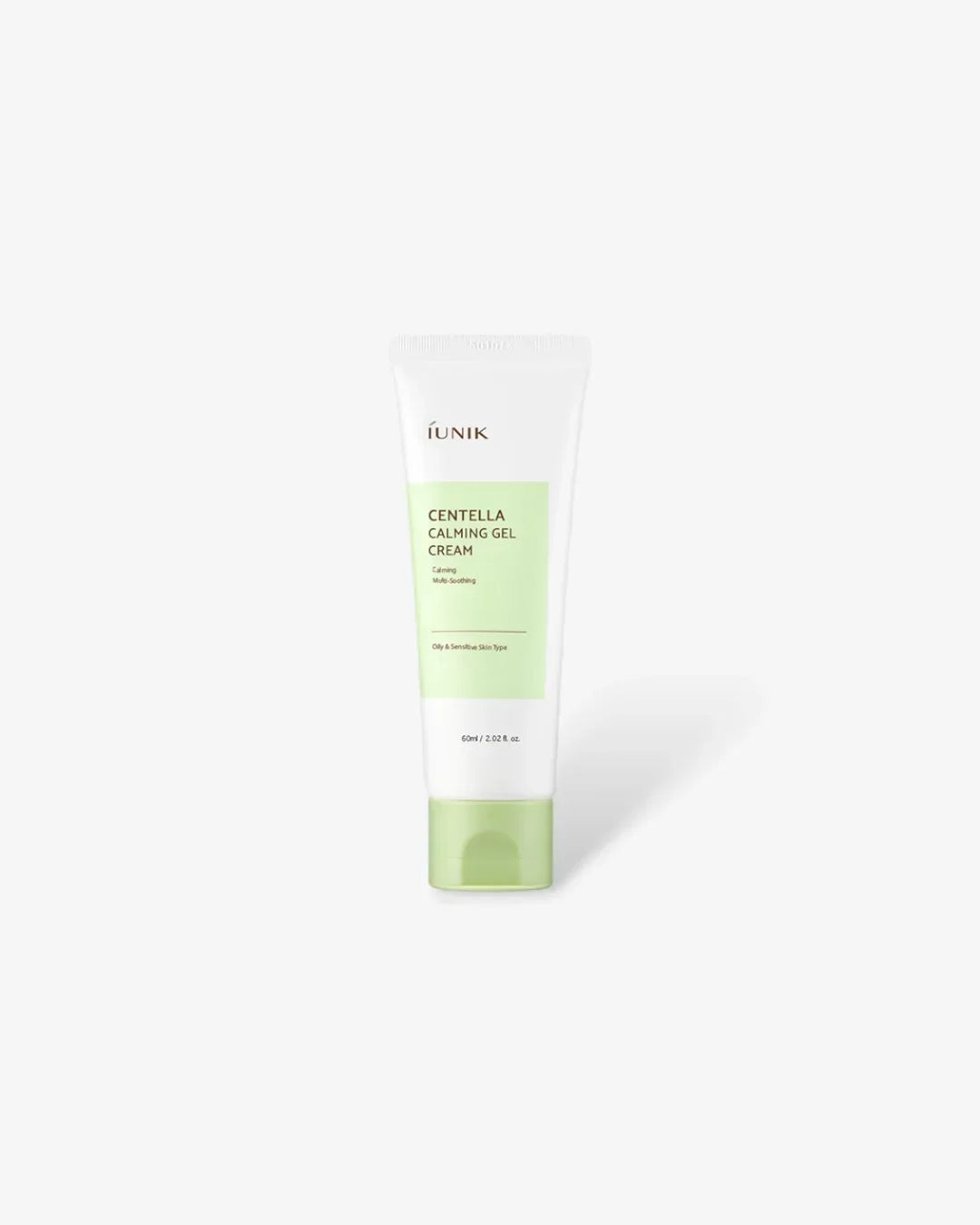 iUNIK Centella Calming Gel Cream tube for oily and sensitive skin, 60ml, light green and white packaging