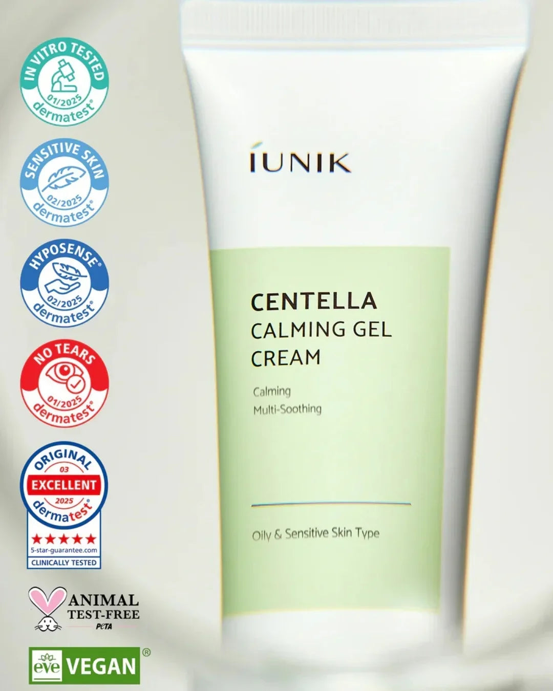 iUNIK Centella Calming Gel Cream tube for oily and sensitive skin with dermatest and vegan certifications
