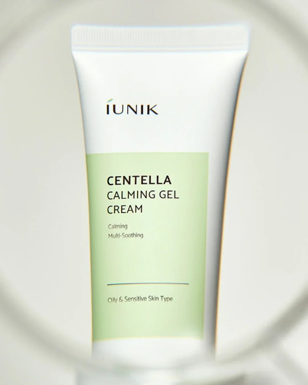 IUNIK Centella Calming Gel Cream tube for oily and sensitive skin on neutral background