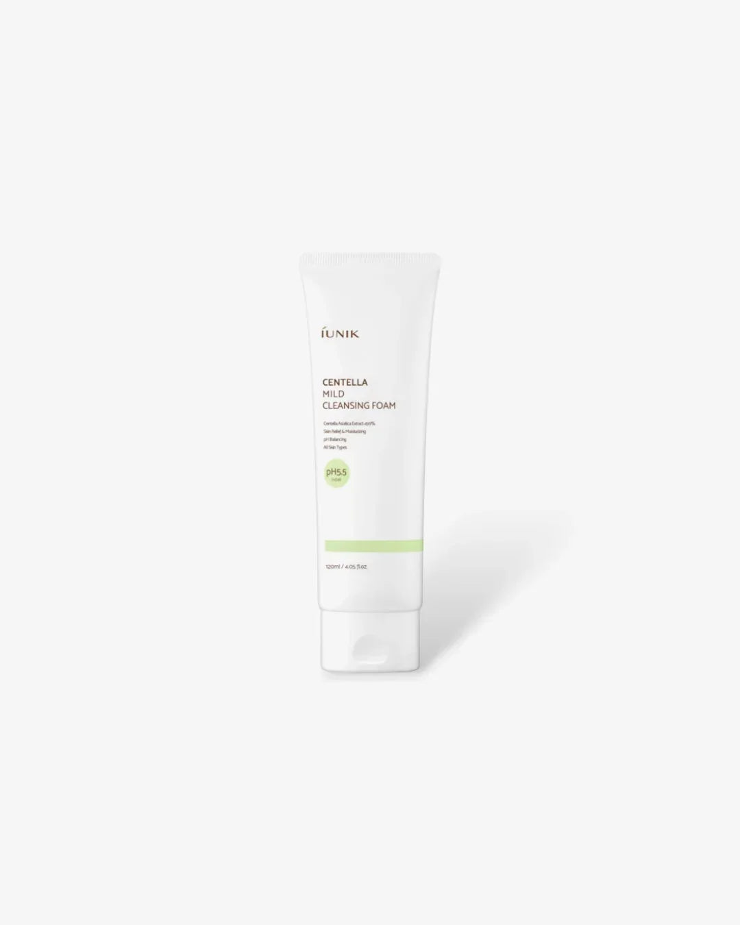 iUNIK Centella Mild Cleansing Foam 120ml white tube with green label on white background