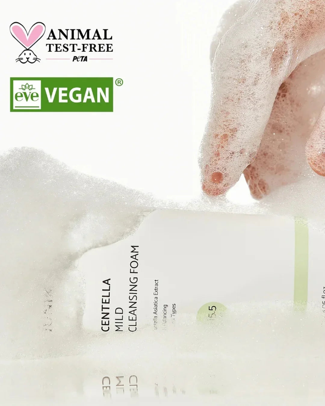 Foaming Centella Mild Cleansing Foam bottle with hand covered in bubbles, vegan and animal test-free labels