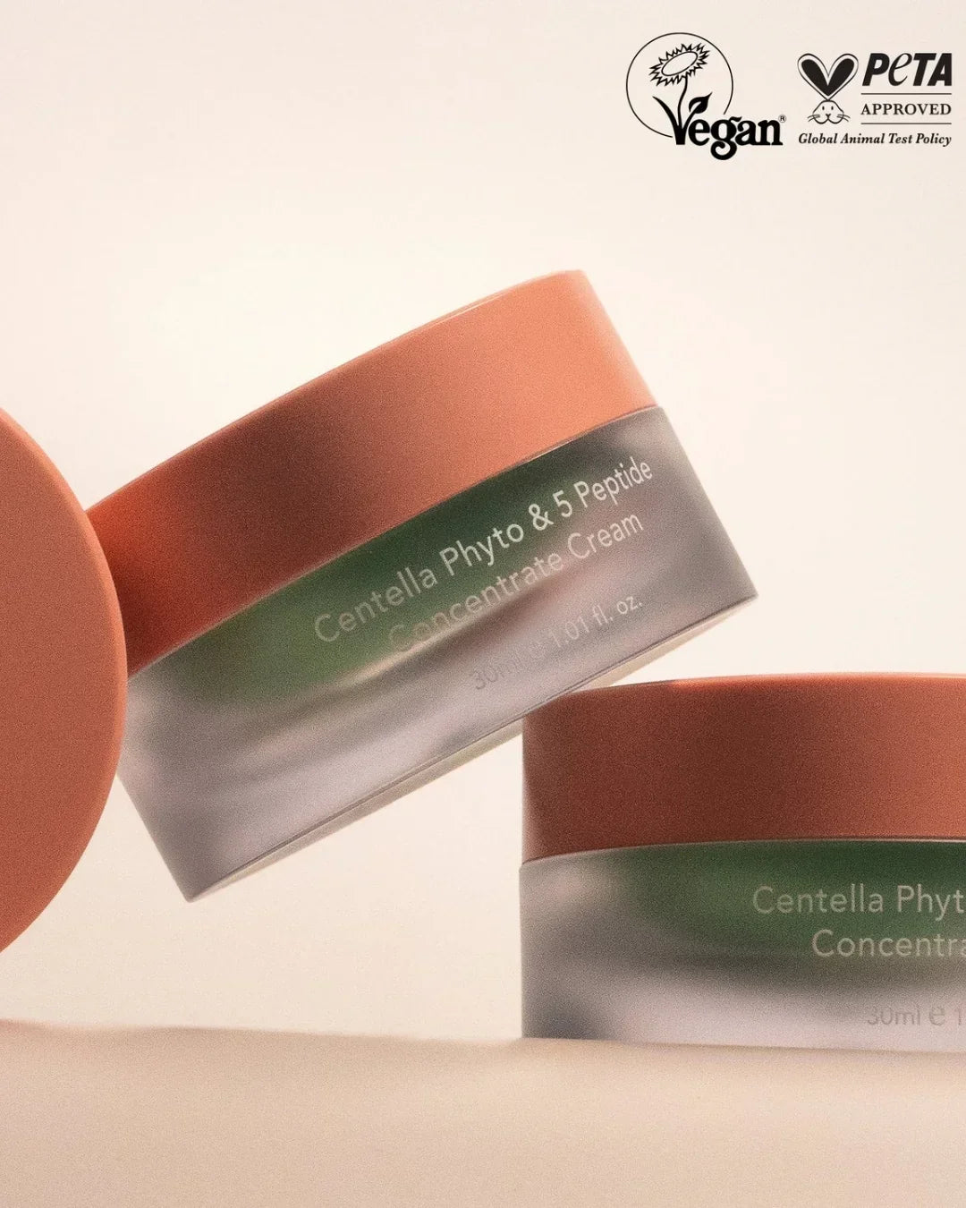 Centella Phyto & 5 Peptide Concentrate Cream jars with vegan and PETA approved logos