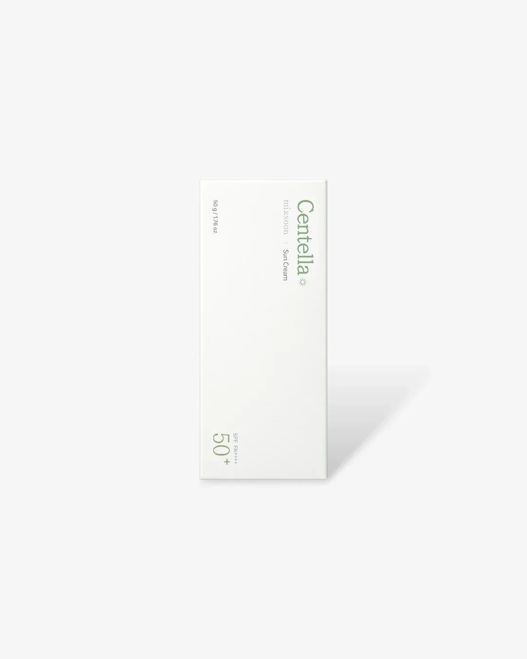 Packaged Centella sun cream with SPF 50+ in minimalist white box on white background