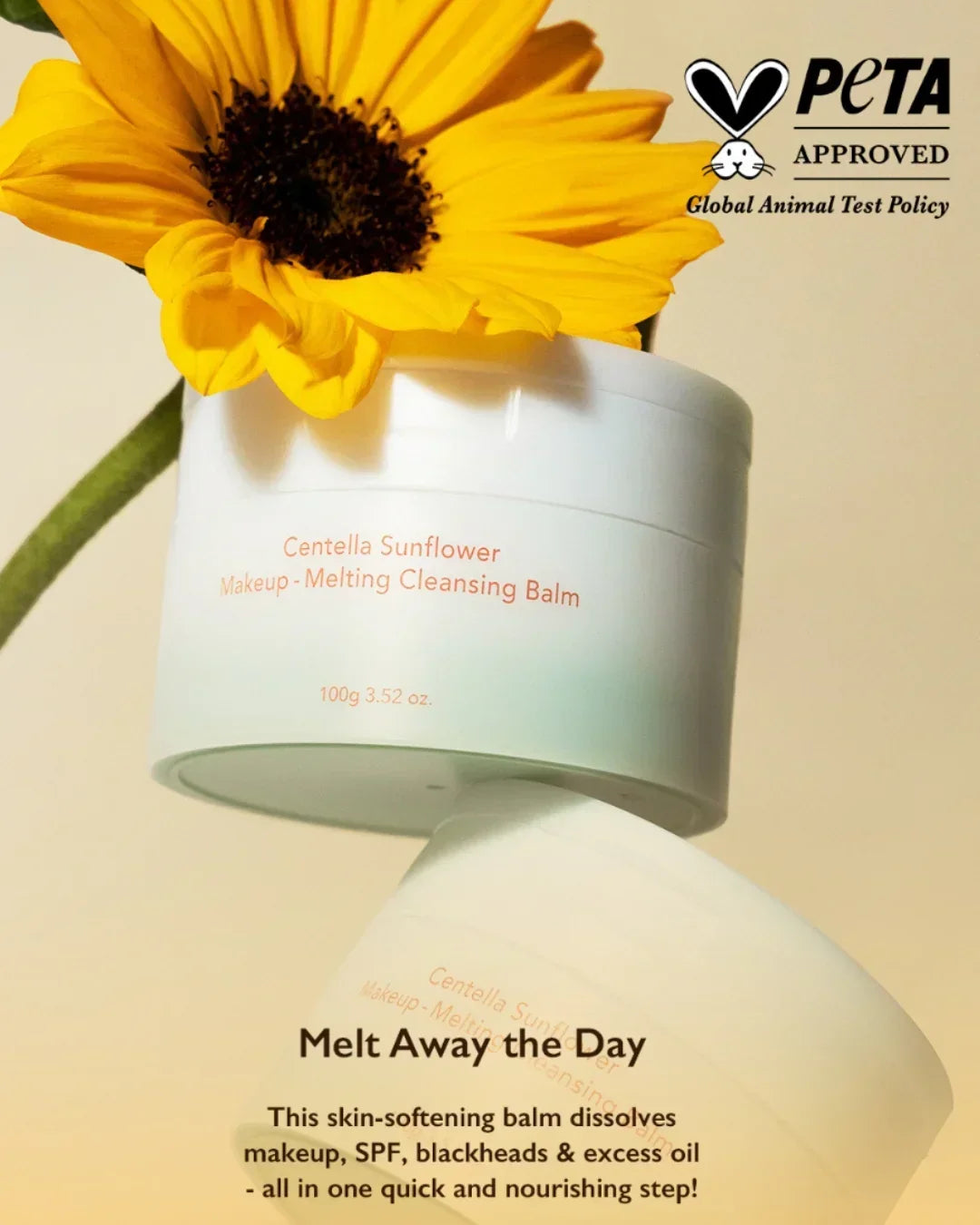 Centella Sunflower Makeup Melting Cleansing Balm jars with a sunflower and PETA approved logo