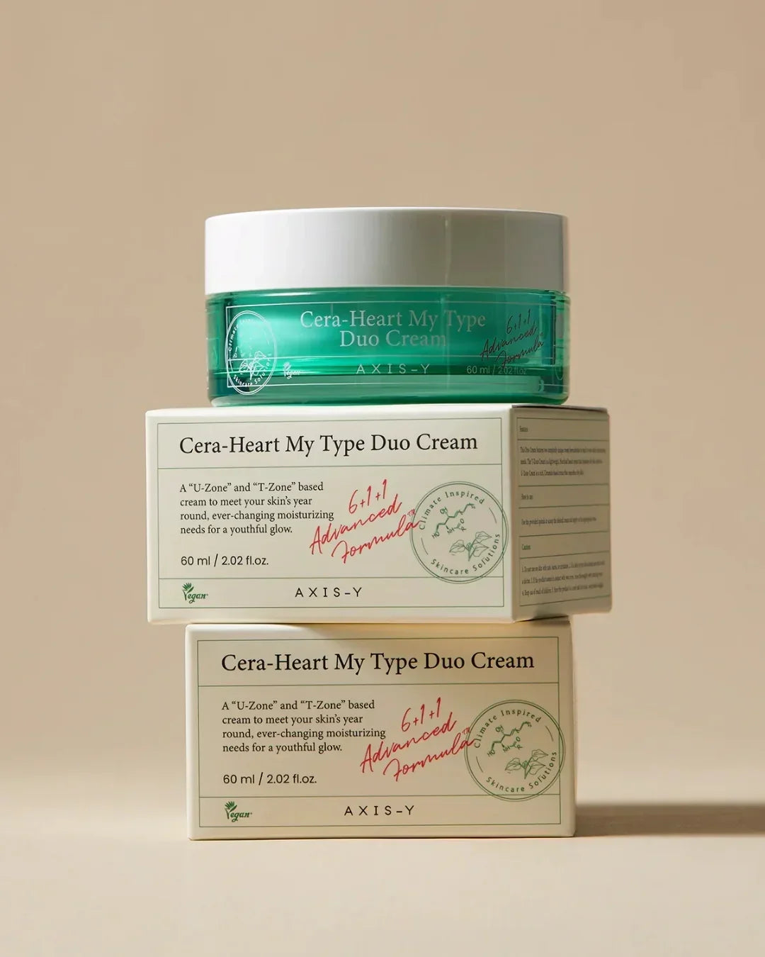 Cera-Heart My Type Duo Cream 60ml jar on two product boxes with beige background