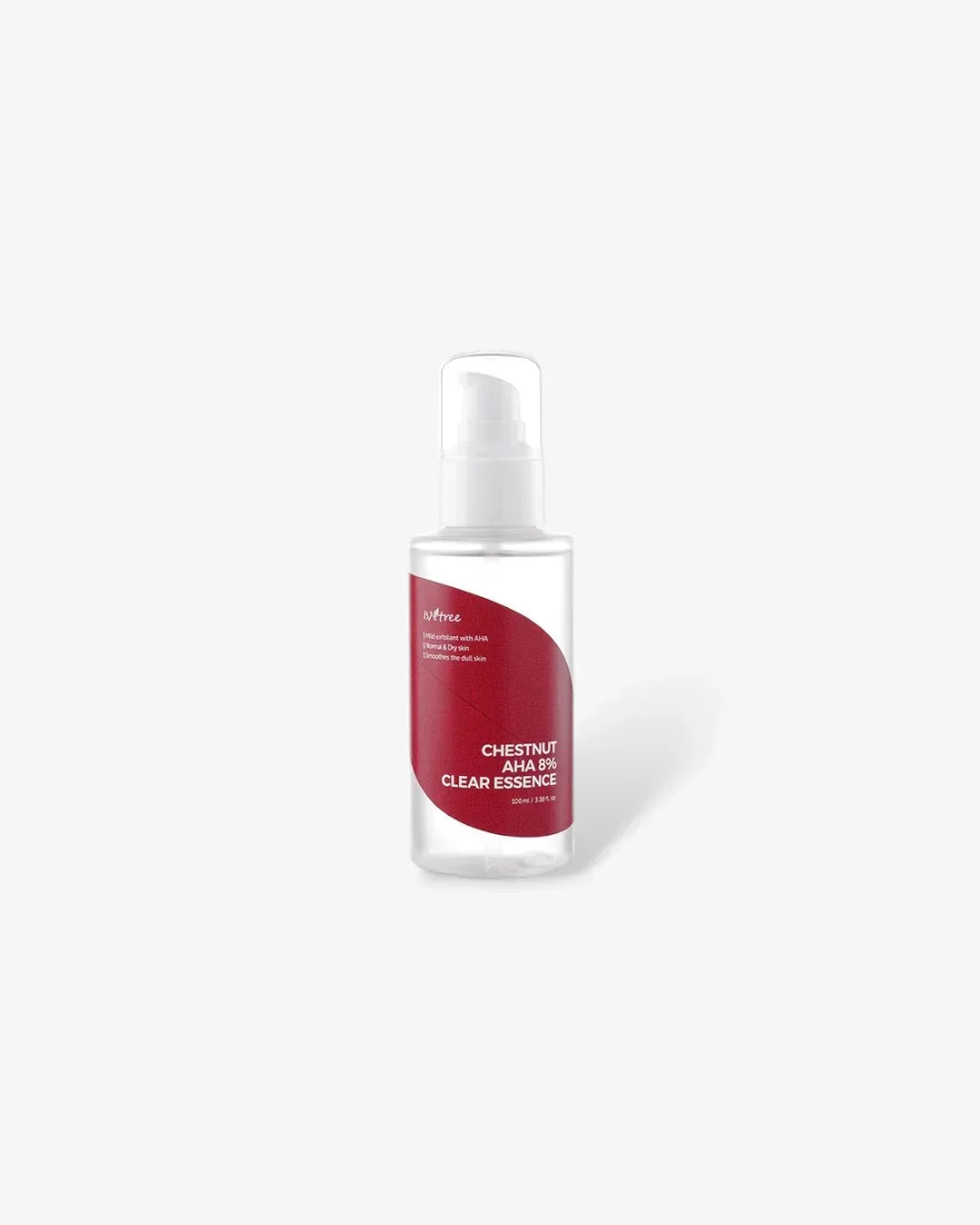 Bottle of Chestnut AHA 8% Clear Essence skincare product with red label on white background