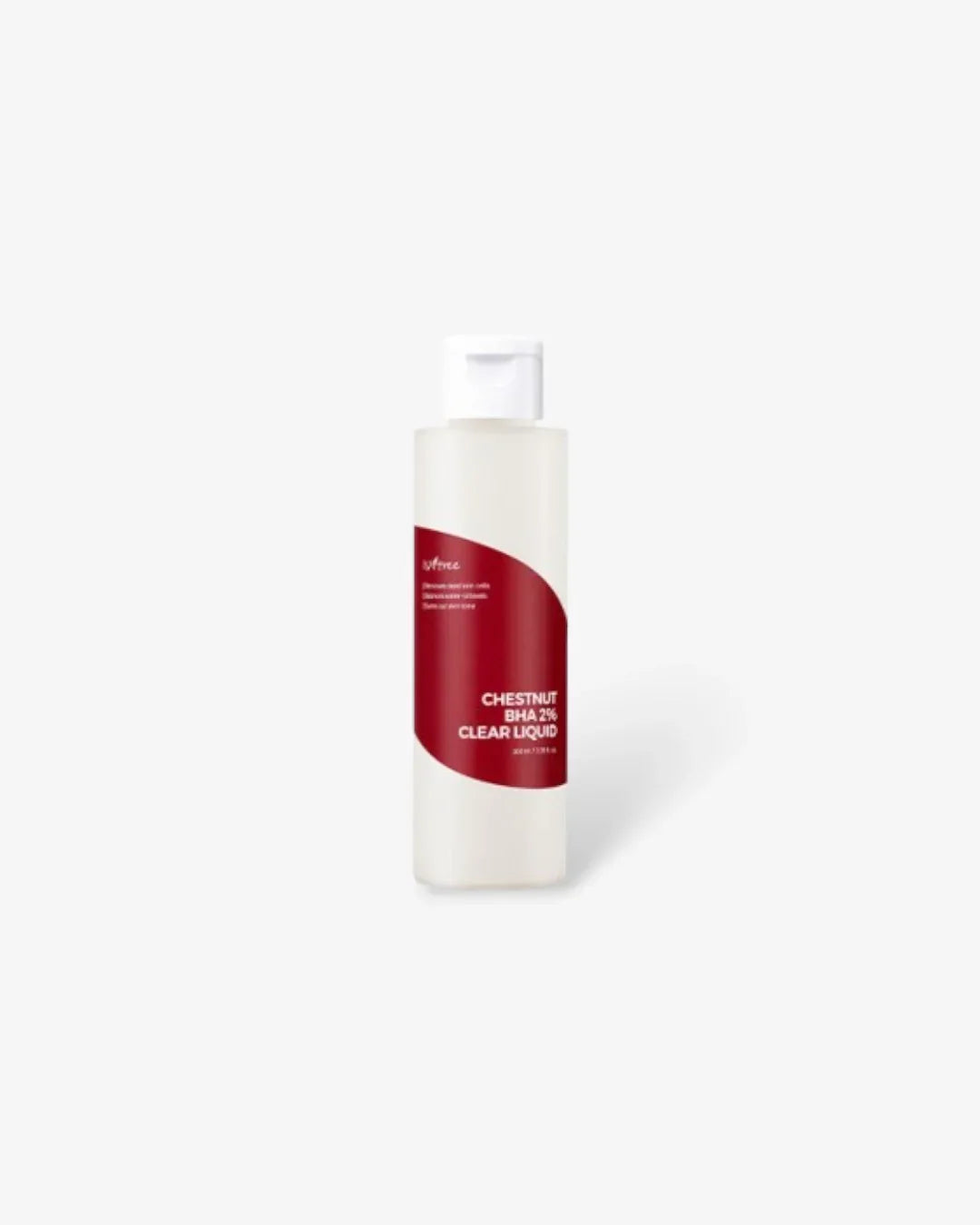 Clear plastic bottle of Chestnut BHA 2% Clear Liquid with white cap and red label on white background