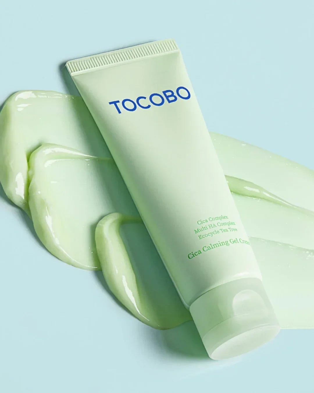 TOCOBO Cica Calming Gel Cream tube on light blue background with green gel cream