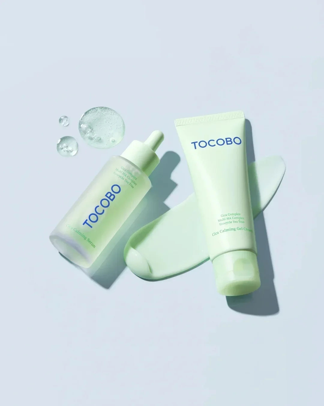 TOCOBO Cica Calming Gel Cream and Serum with clear gel drops on light background