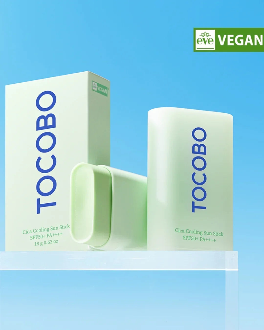 Tocobo Cica Cooling Sun Stick SPF50+ PA++++ with vegan label against blue sky