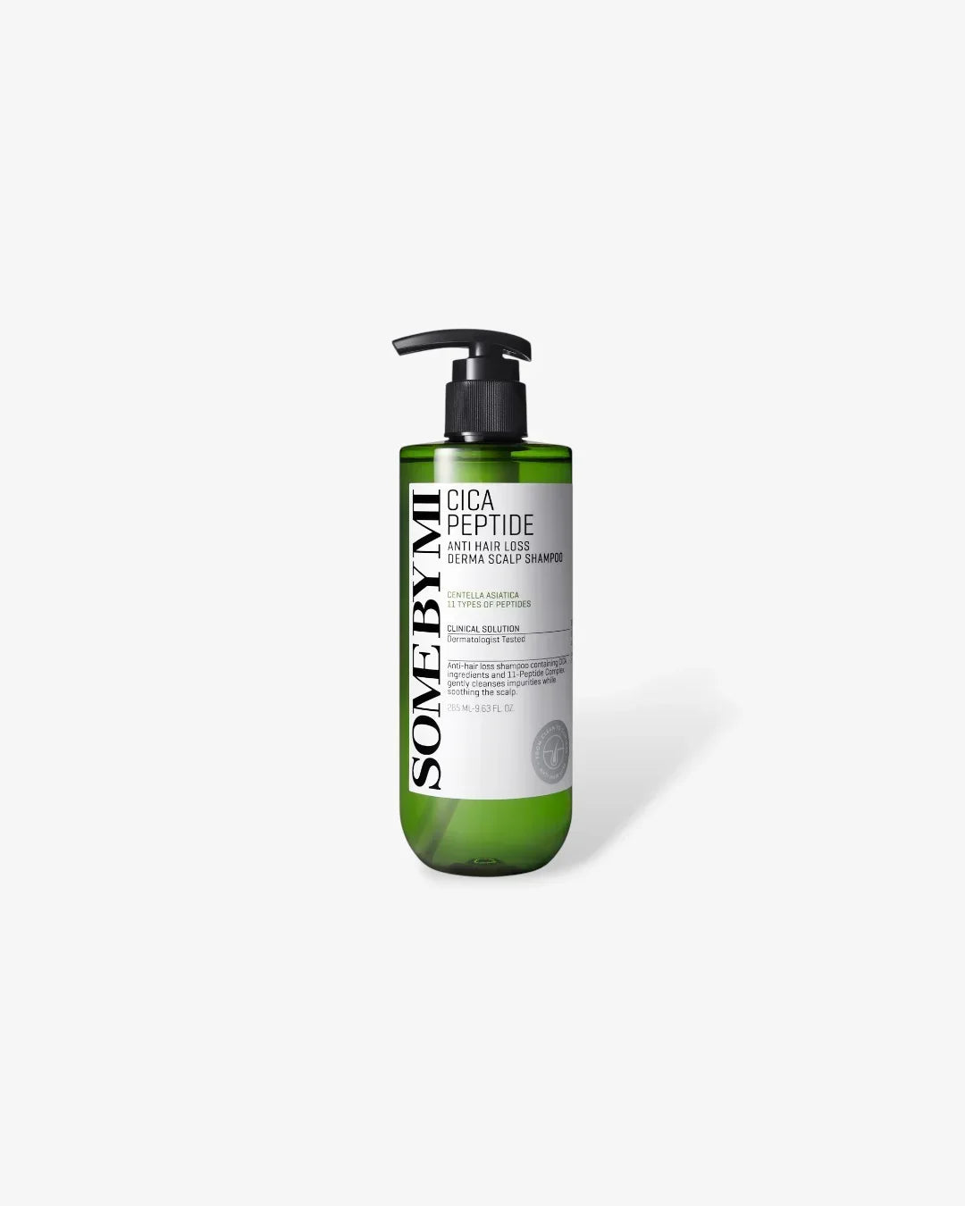 Green bottle of SOMEBYMI Cica Peptide anti hair loss derma scalp shampoo with pump