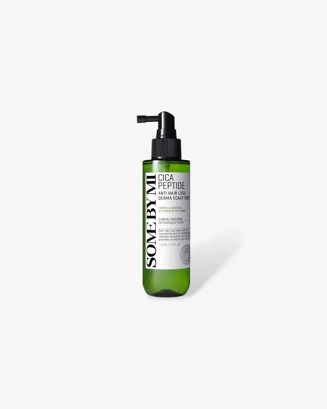 Green bottle of SOME BY MI Cica Peptide anti hair loss derma scalp tonic with black pump