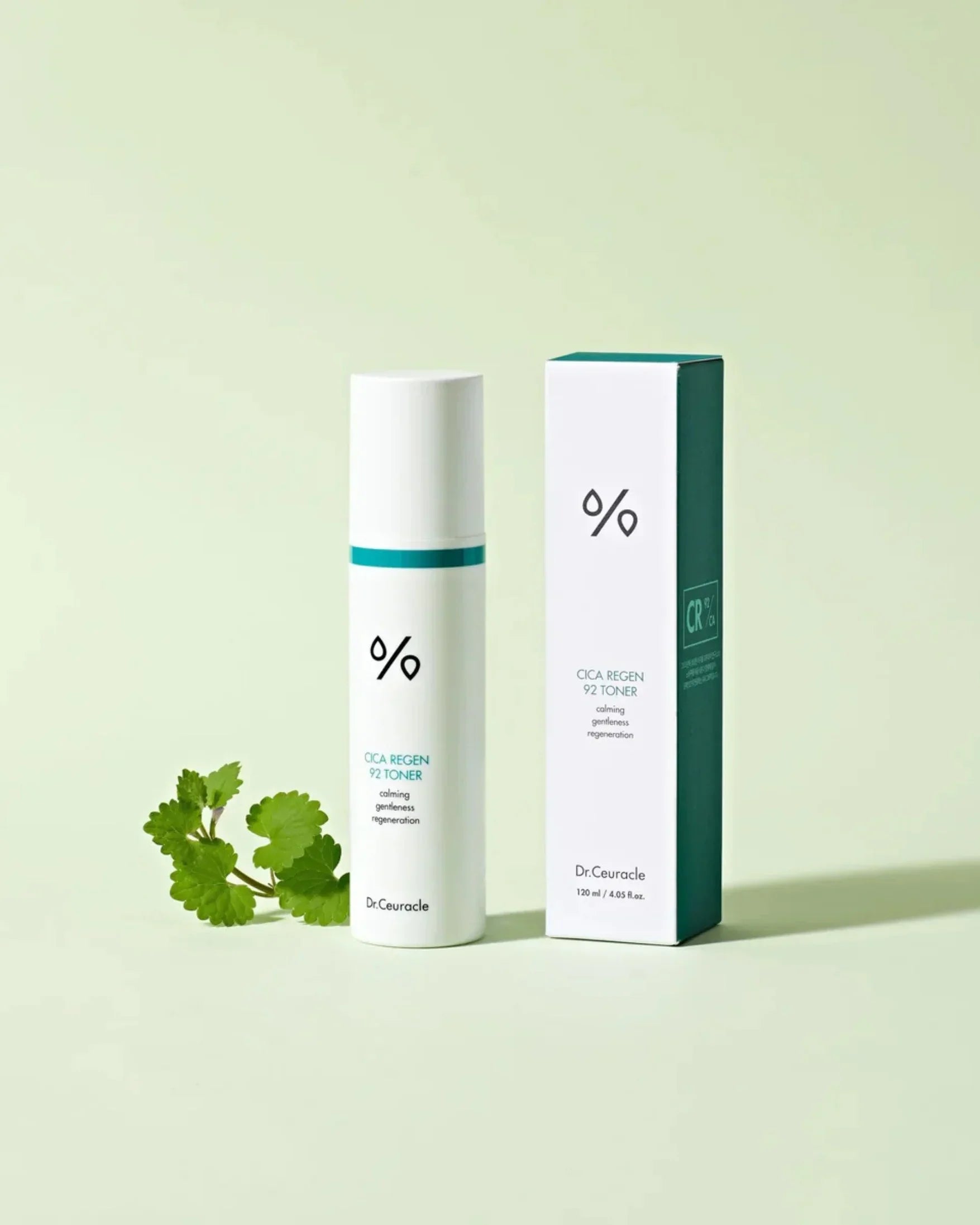 Dr. Ceuracle Cica Regen 92 Toner bottle and box with green leaves on light green background