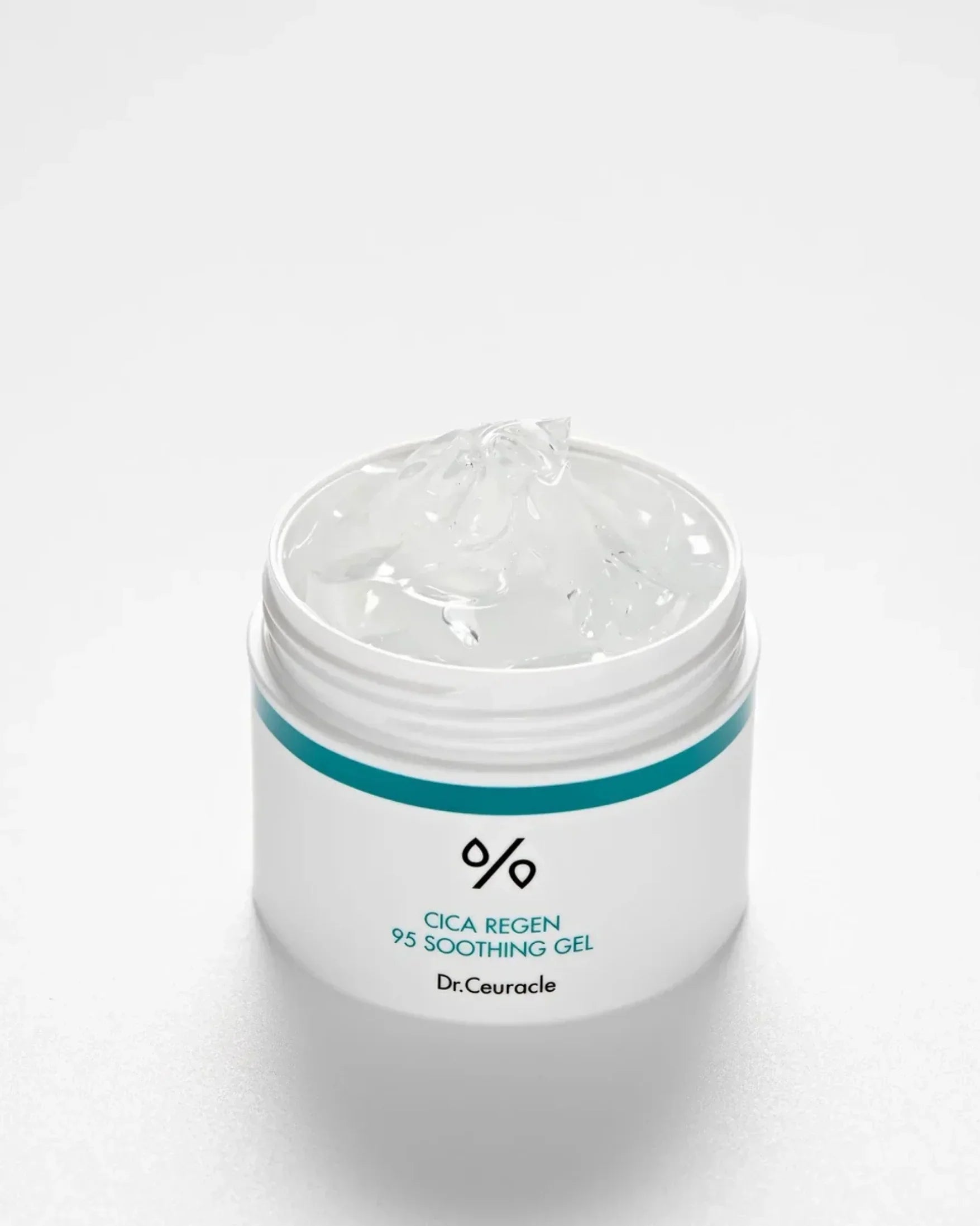 Open jar of Dr. Ceuracle Cica Regen 95 Soothing Gel with clear gel visible inside