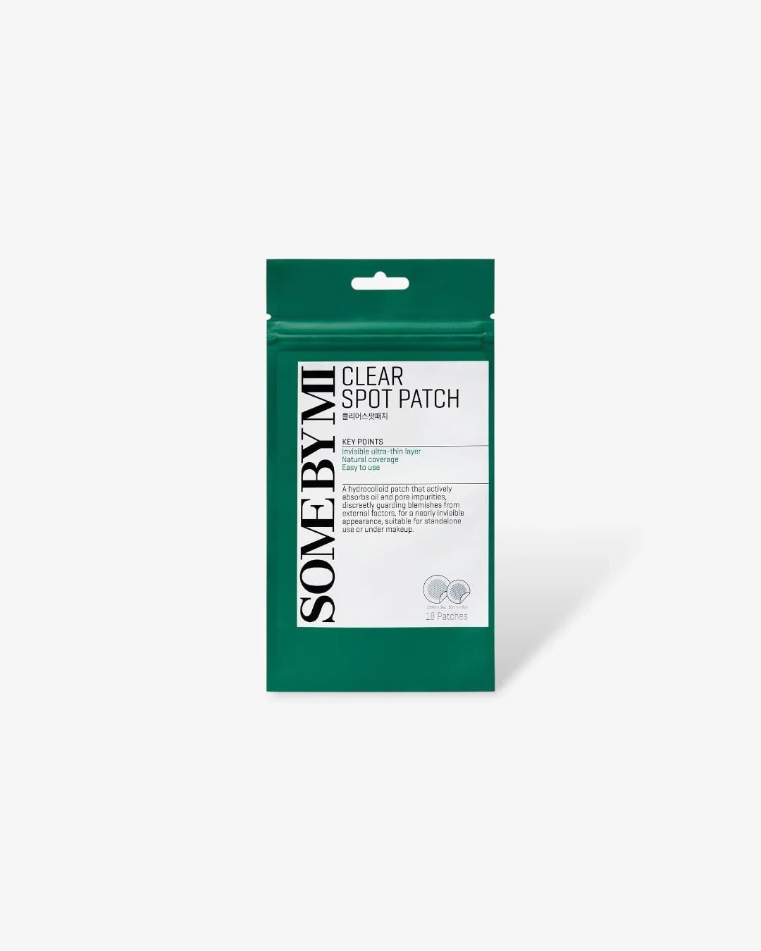 Some By Mi Clear Spot Patch 18pcs green resealable skincare pouch with product details