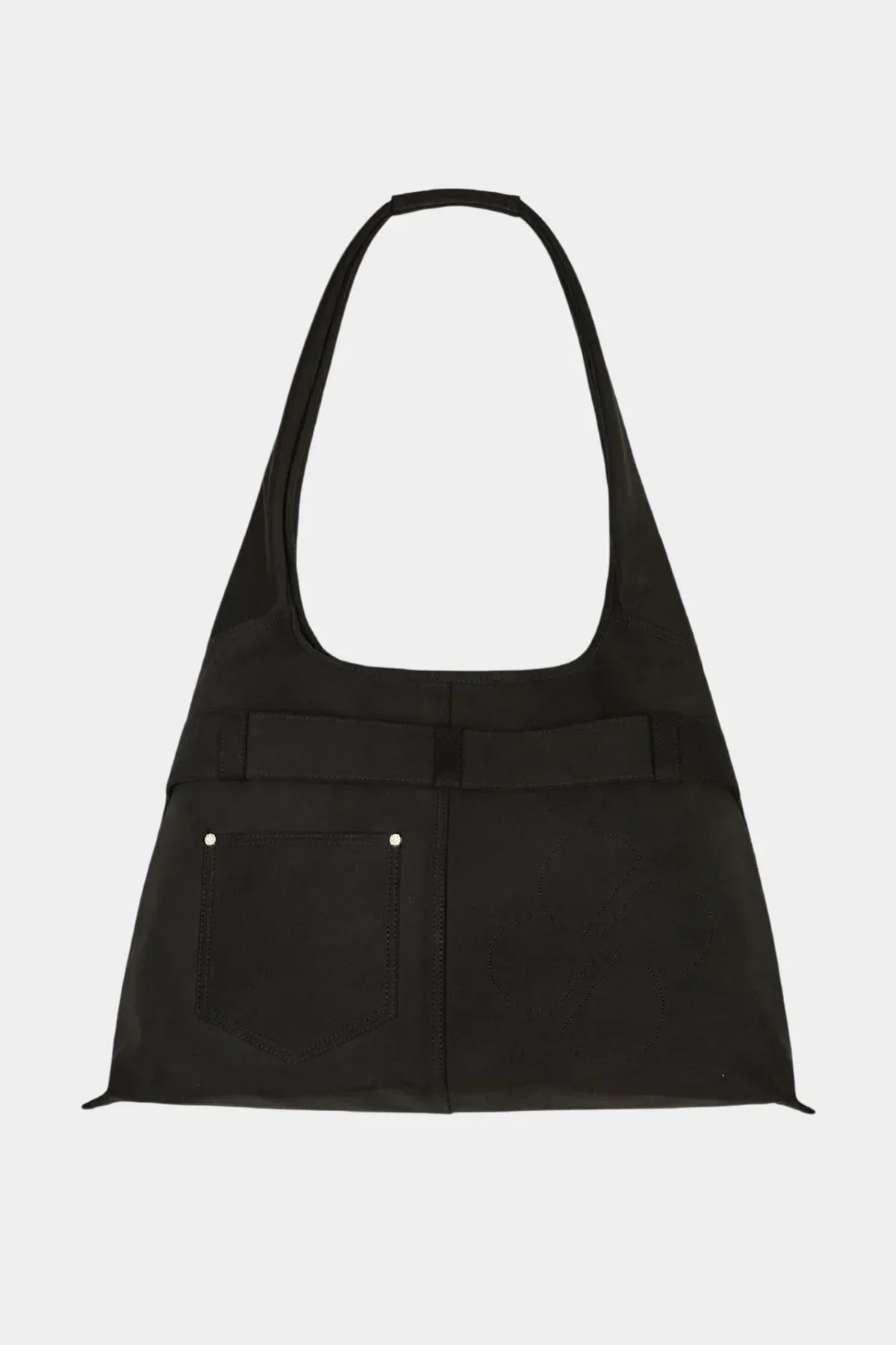 Black artificial suede shoulder bag with back pocket and subtle clover stitching detail