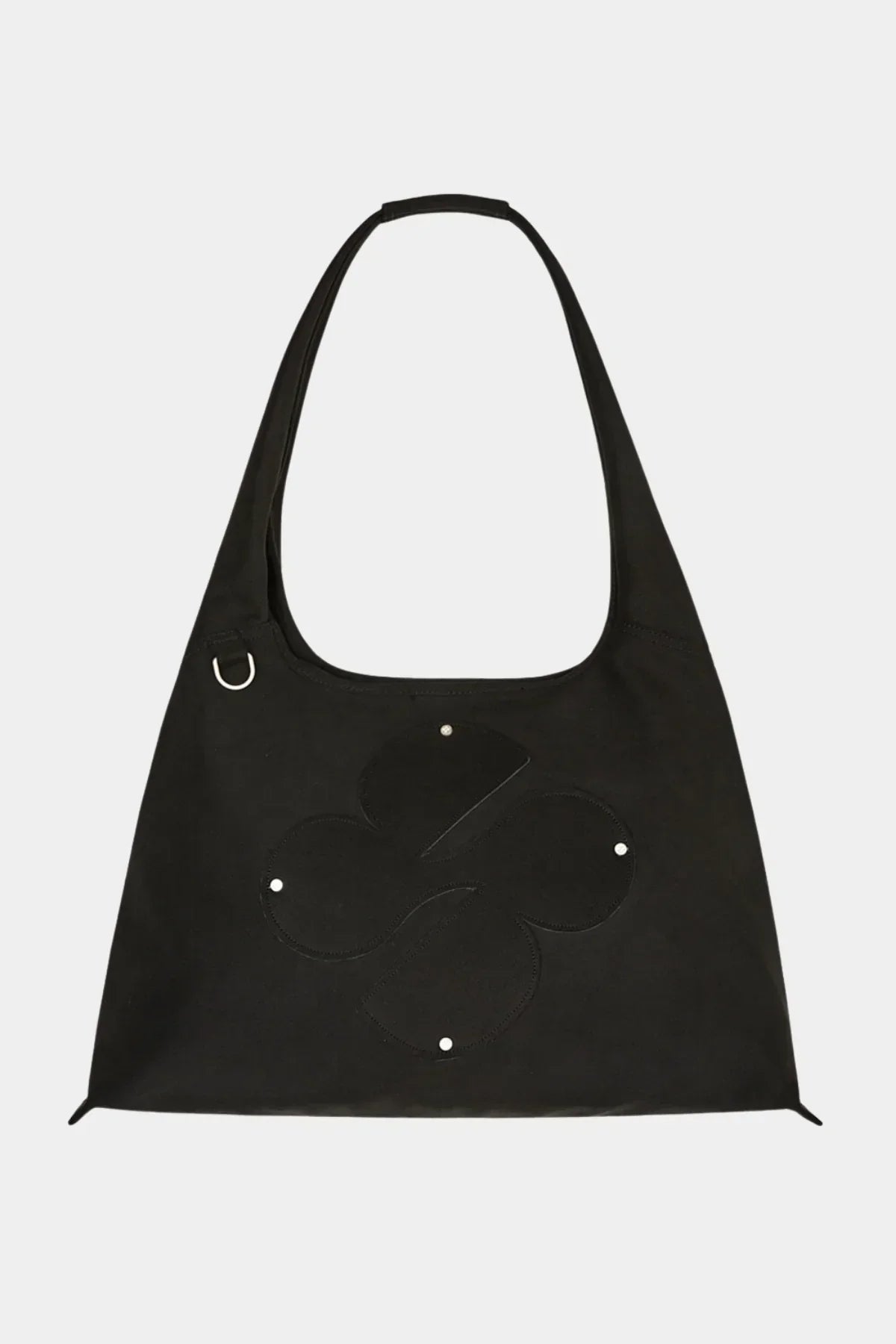 Black artificial suede shoulder bag with clover design and silver studs on front