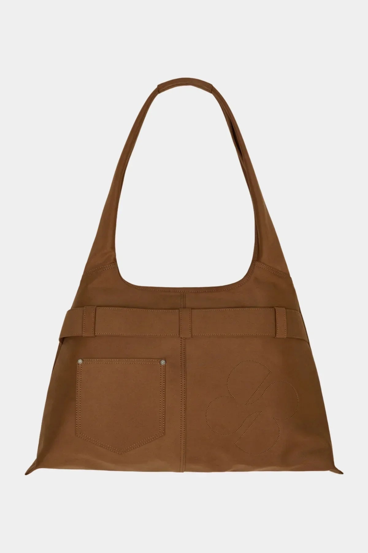 Camel artificial suede shoulder bag with front patch pocket and subtle clover design