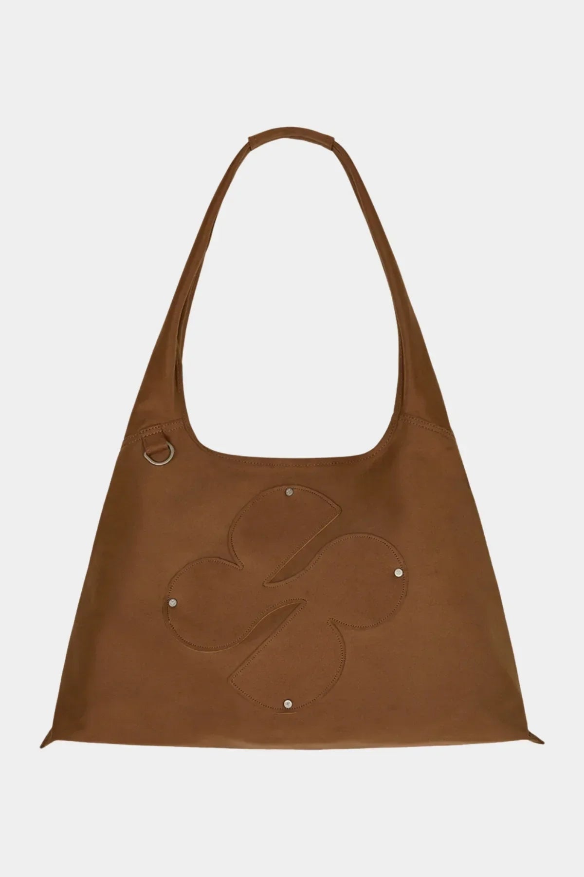 Camel brown artificial suede shoulder bag with clover logo and silver rivet details
