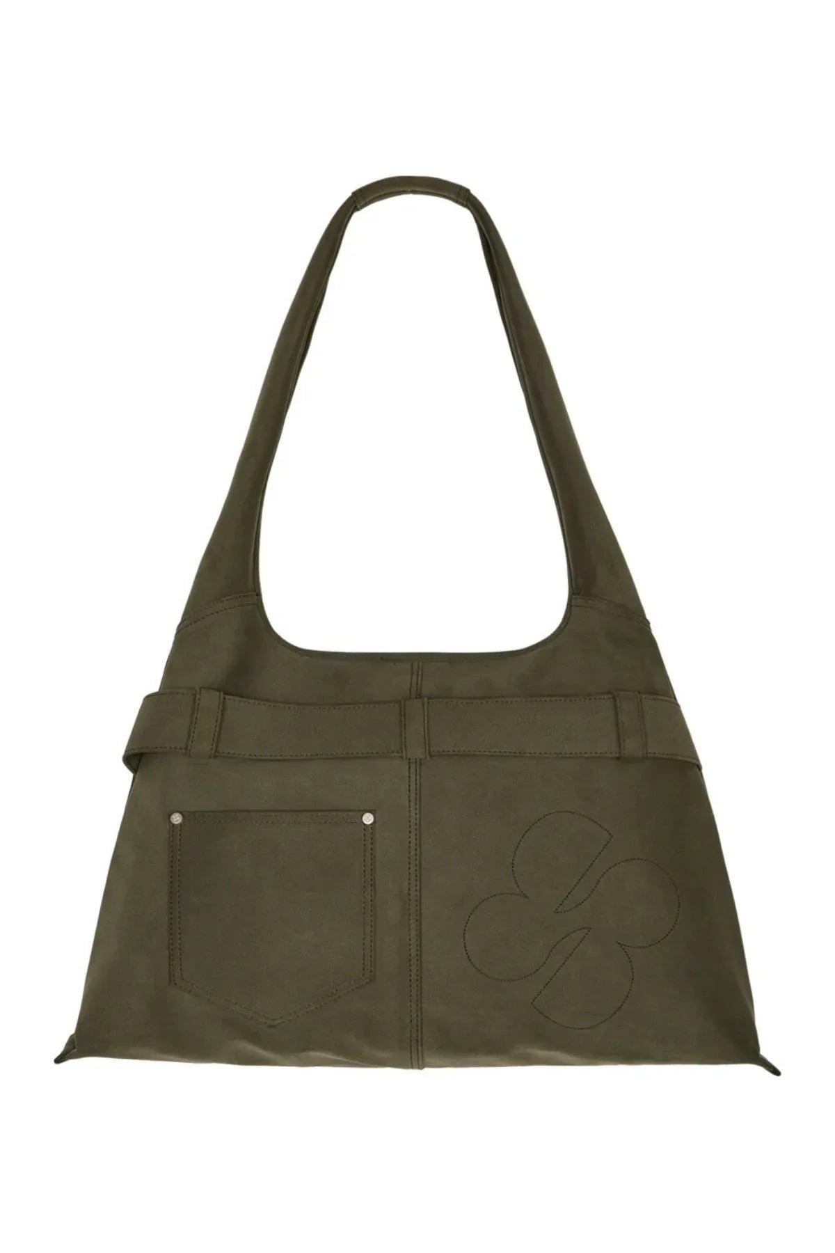 Khaki artificial suede shoulder bag with clover detail and front pocket stitching