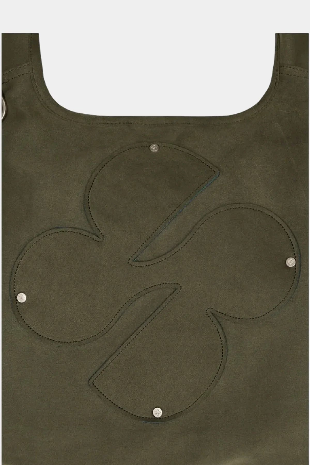 Khaki artificial suede shoulder bag with large stitched clover emblem and metal rivet details