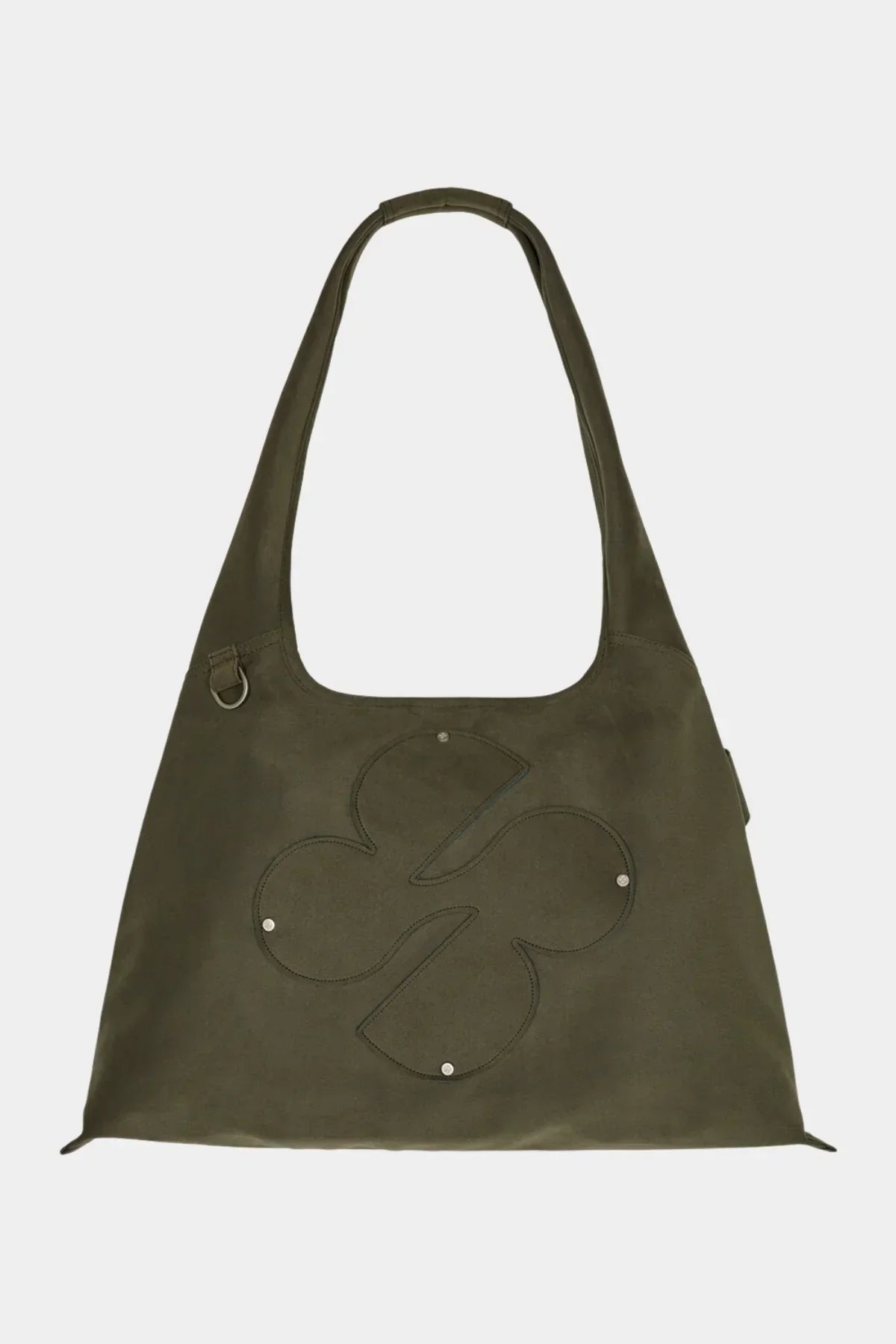 Khaki artificial suede shoulder bag with clover logo and metal studs