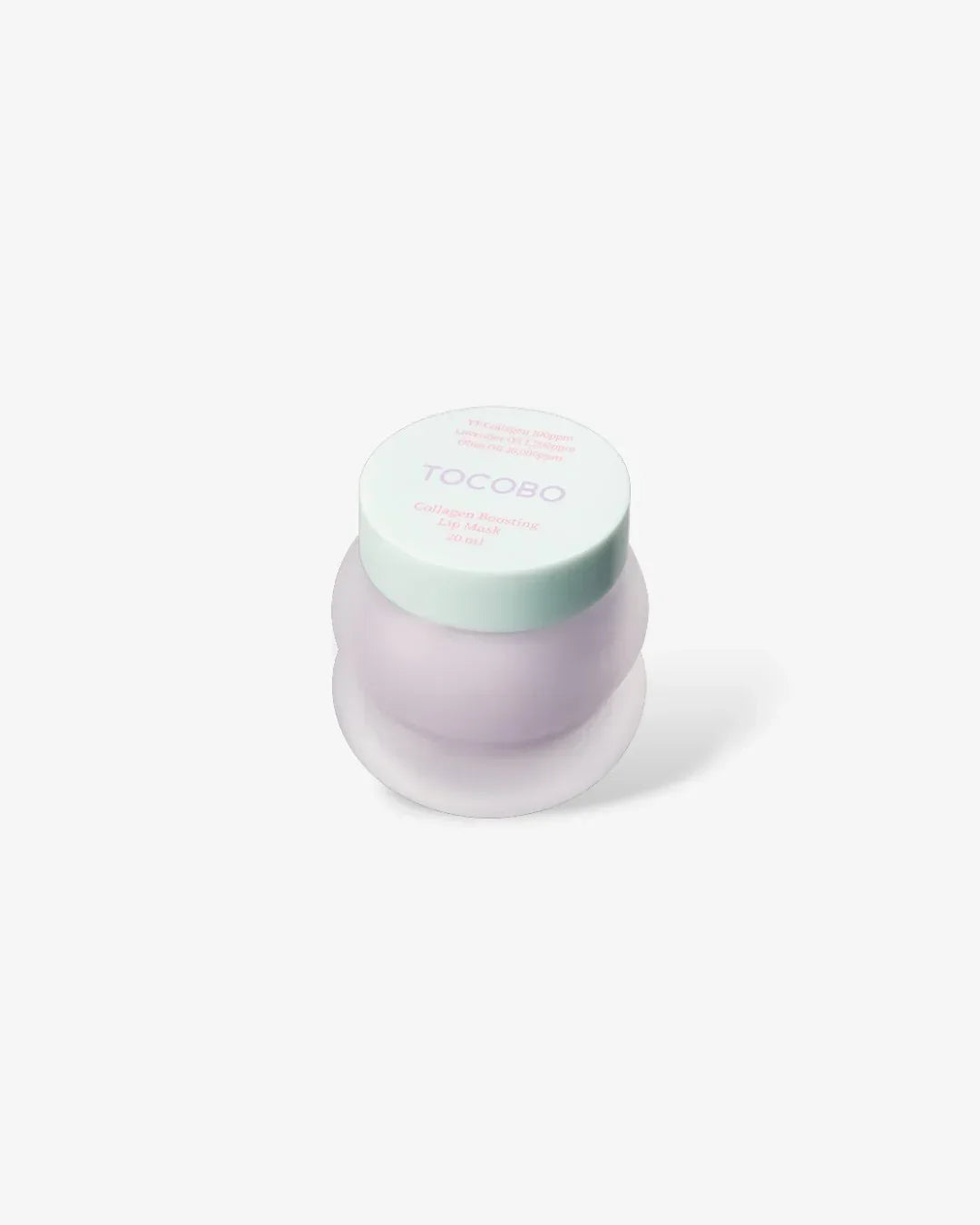 Tocobo collagen boosting lip mask in a small lavender jar with light blue lid on white background