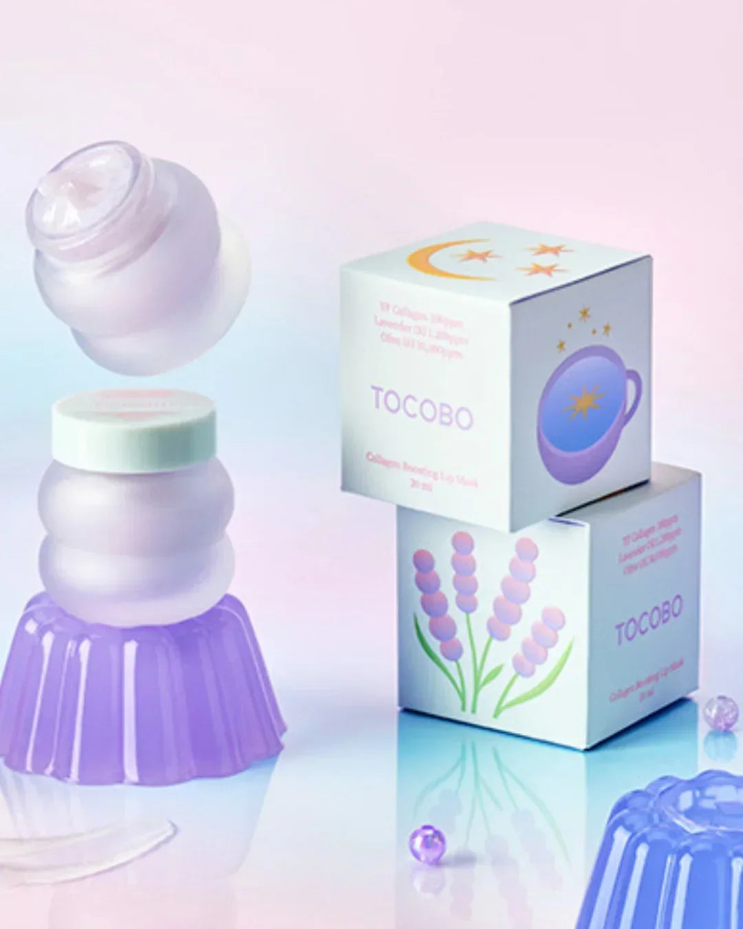 TOCOBO collagen lip mask with lavender design and purple jar on pastel background