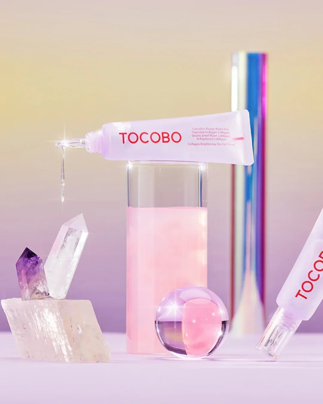 TOCOBO collagen brightening eye gel cream tube dispensing serum with crystals and pastel decor