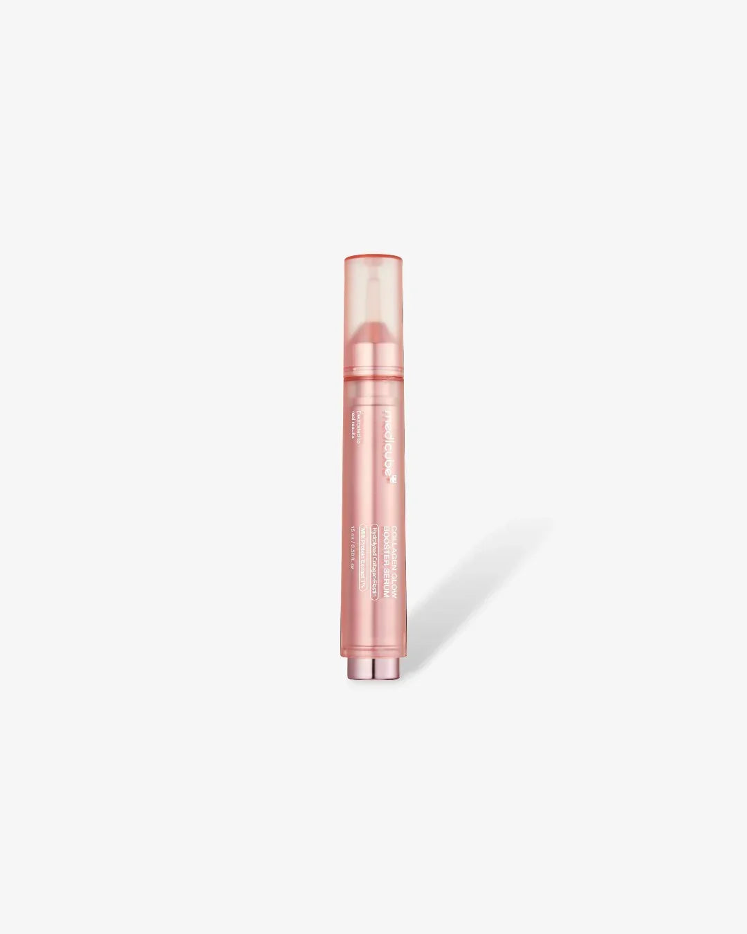 Mediube Collagen Glow Booster Serum 15ml in pink slim bottle with cap on white background