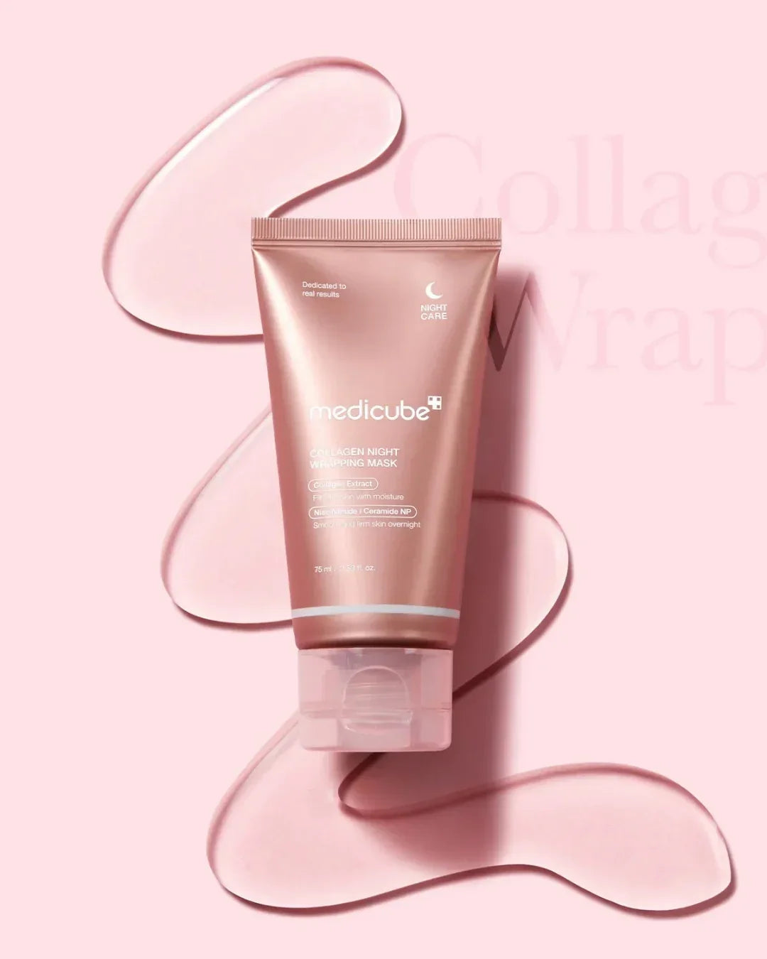 Medicube Collagen Night Wrapping Mask tube on pink background with gel texture swipes