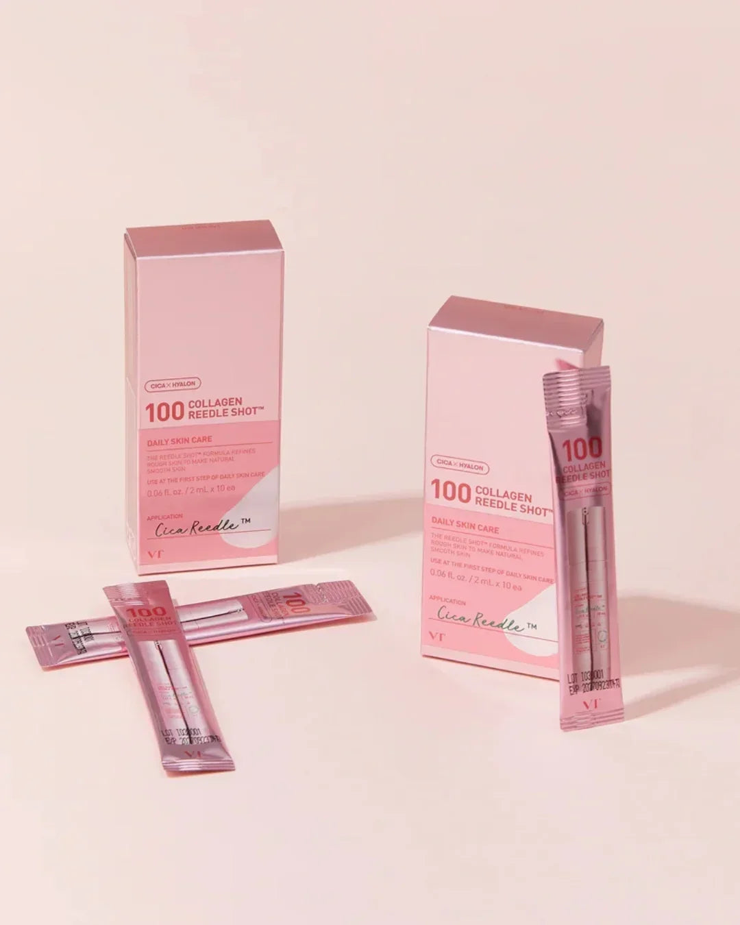 VT Cica x Hyalon 100 Collagen Reedle Shot daily skincare product with pink packaging and sachets